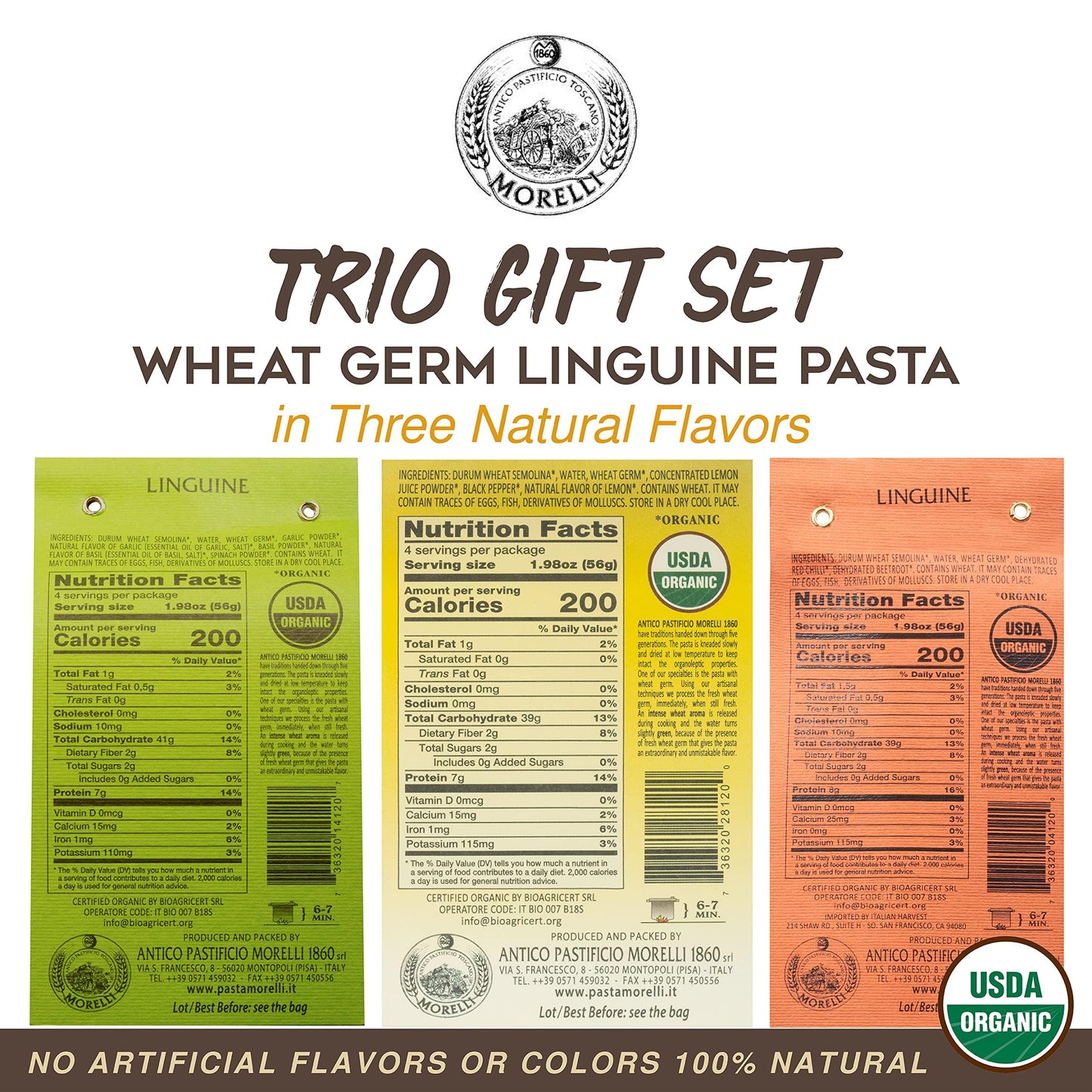 Morelli Organic Gourmet Pasta Italian Gift Basket from Italy, Tricolor Linguine Set, Red Chili, Garlic & Basil, and Lemon Flavors - 8.8 oz (Pack of 3)