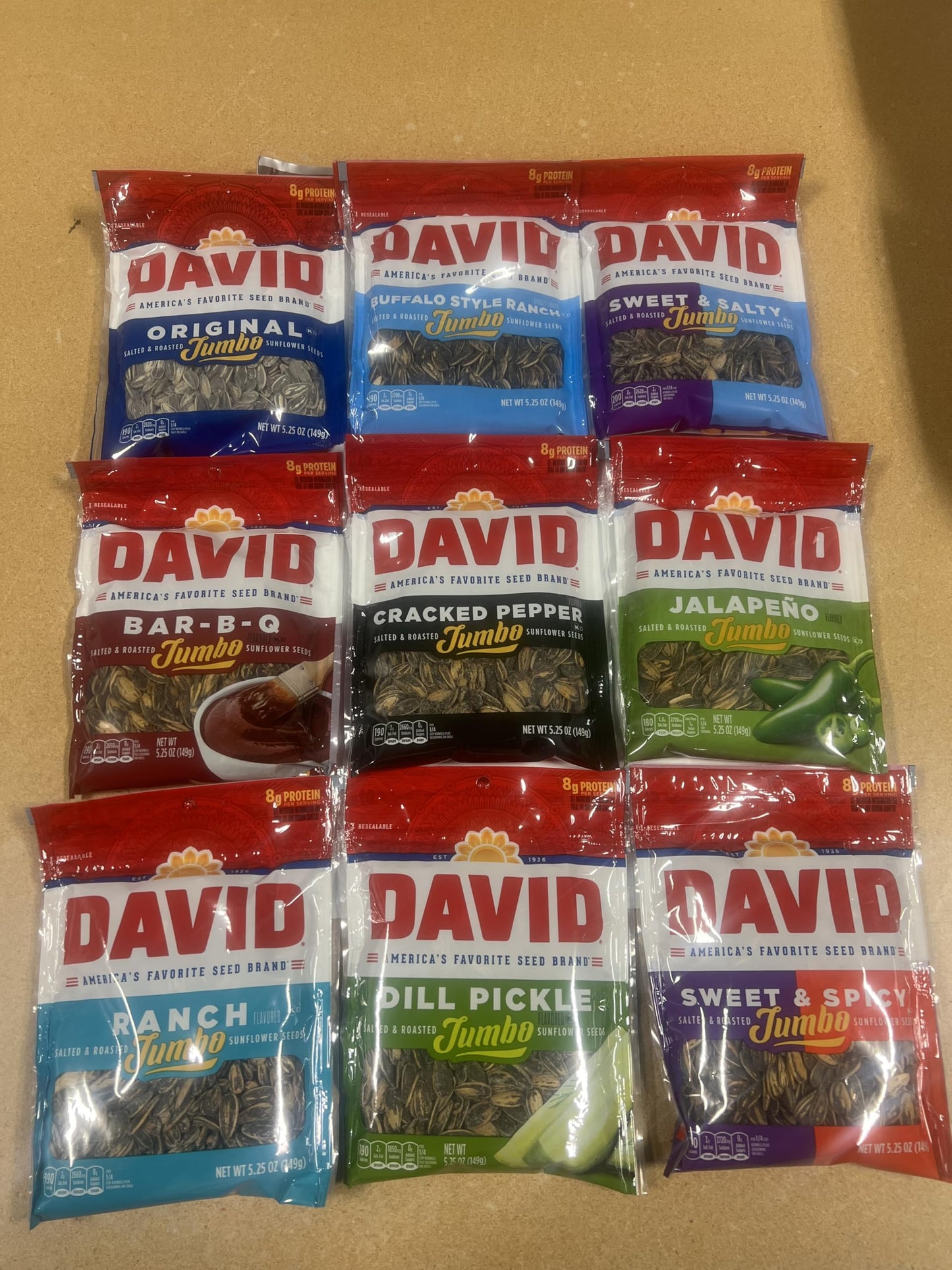 DAVIDs Sunflower Seeds, Assorted Flavors, Variety Pack 5.25 Oz Bags, 9 Count