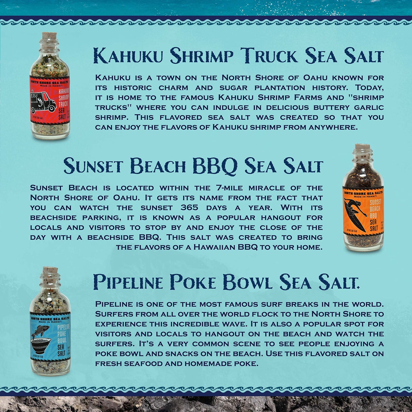 Sea Salts of Hawaii North Shore Sea Salts Variety Pack, 3-2oz. Bottles of Sea Salt - Pipeline Poke, Sunset Beach BBQ, Kahuku Shrimp - Made in Hawaii