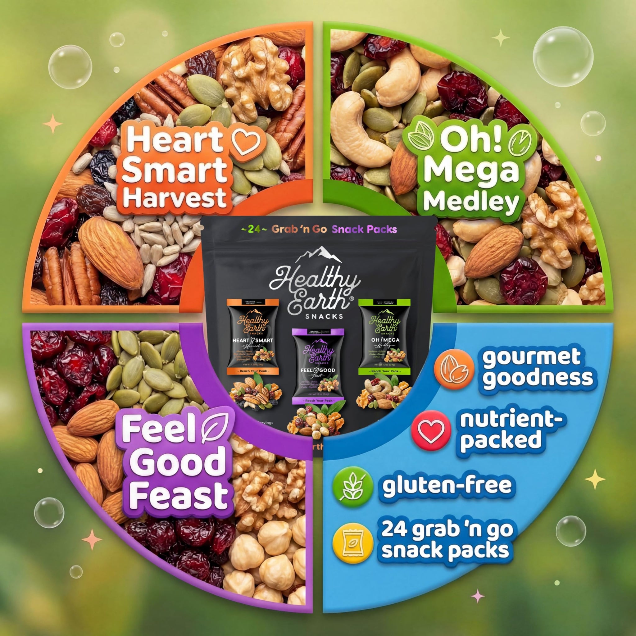 Healthy Earth Snacks 3 Flavors Variety Pack, 24 Count | Mixed Nuts & Dried Fruits Gourmet Snacks, Gluten-Free | 8 Packets Per Flavor: Heart Smart
