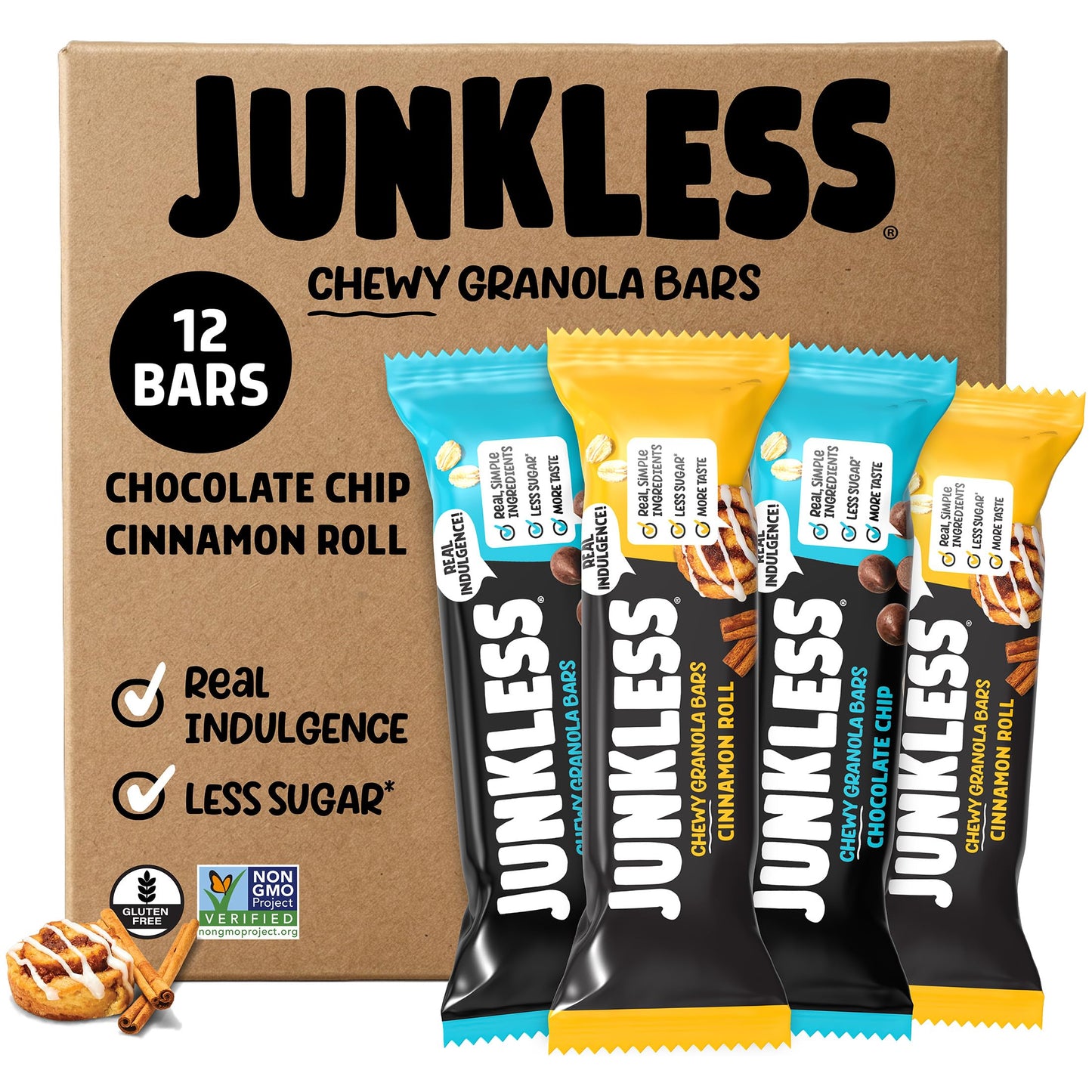 JUNKLESS Chewy Granola Bars Twin Pack - Chocolate Chip & Cinnamon Roll (12 Bars)-Less Sugar, Non-GMO, Gluten-Free, Wholesome Snack Bars for Kids