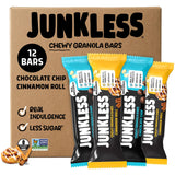 JUNKLESS Chewy Granola Bars Twin Pack - Chocolate Chip & Cinnamon Roll (12 Bars)-Less Sugar, Non-GMO, Gluten-Free, Wholesome Snack Bars for Kids