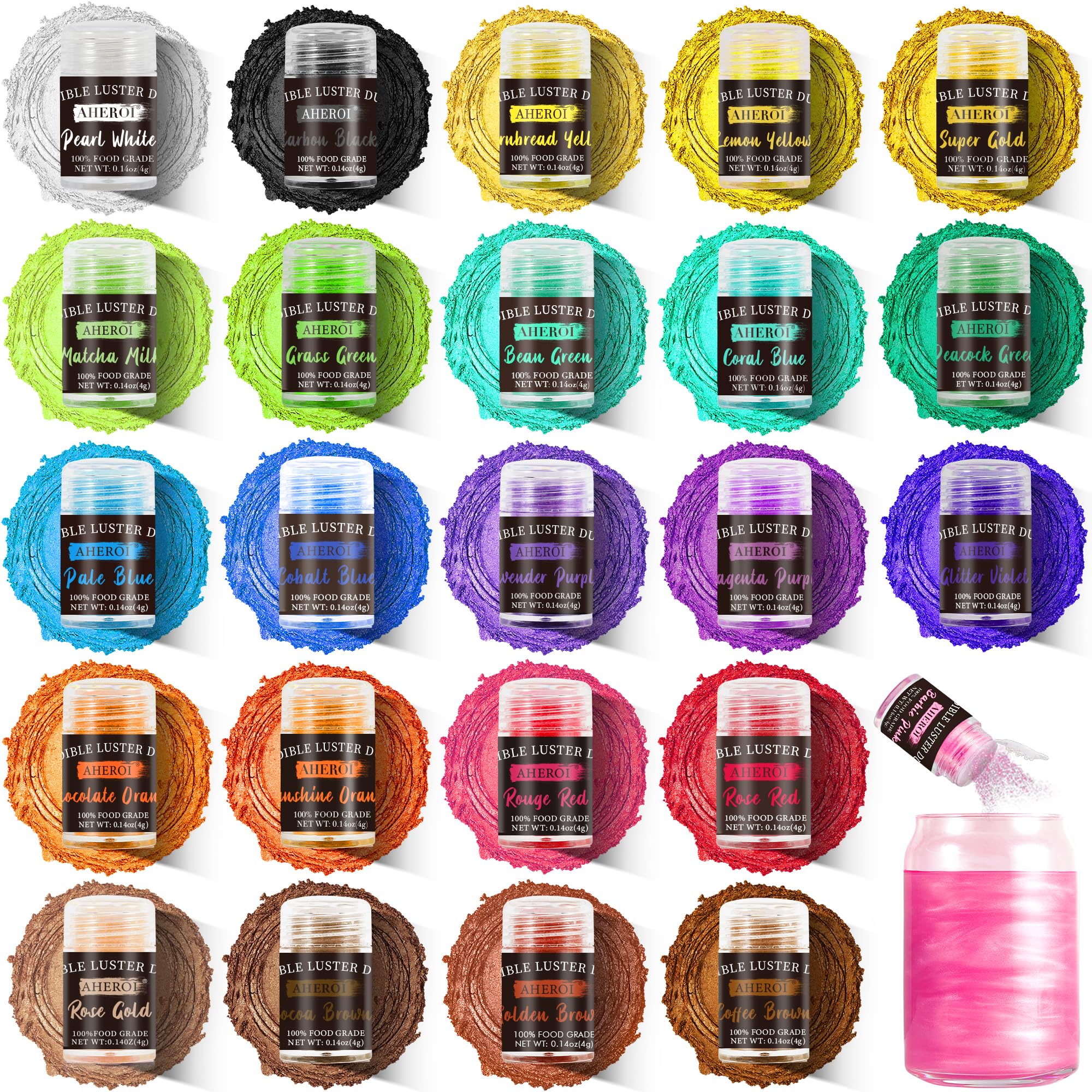 Aheroi Edible Glitter, 24 Colors Luster Dust Edible, Cocktail Glitter Luster Dust Sprinkles Drink Glitter Set, Shimmering Glitters Powder for Fondant