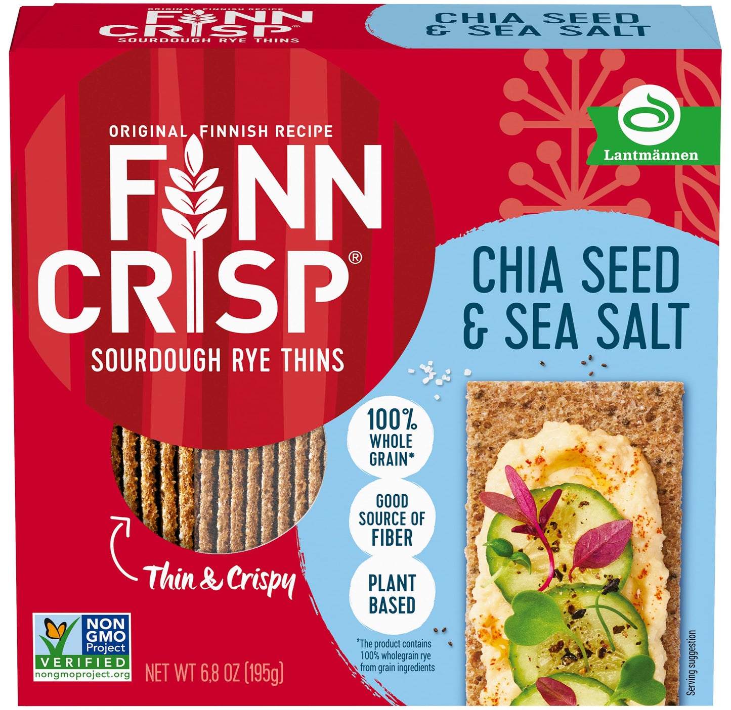 Finn Crisps Chia Seed Rye Crispbread, Thin Crispy Rye Authentic Finnish Sourdough Crispbread Crackers (6.8 oz Box)