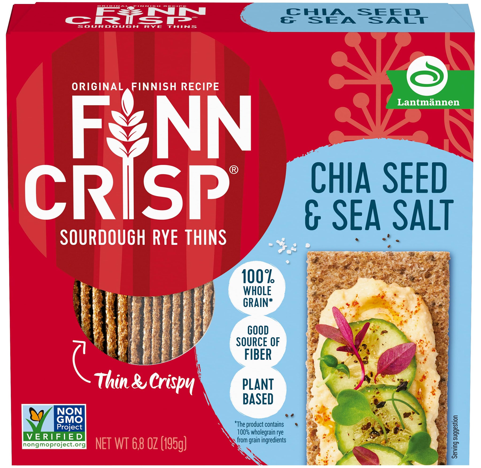 Finn Crisps Chia Seed Rye Crispbread, Thin Crispy Rye Authentic Finnish Sourdough Crispbread Crackers (6.8 oz Box)
