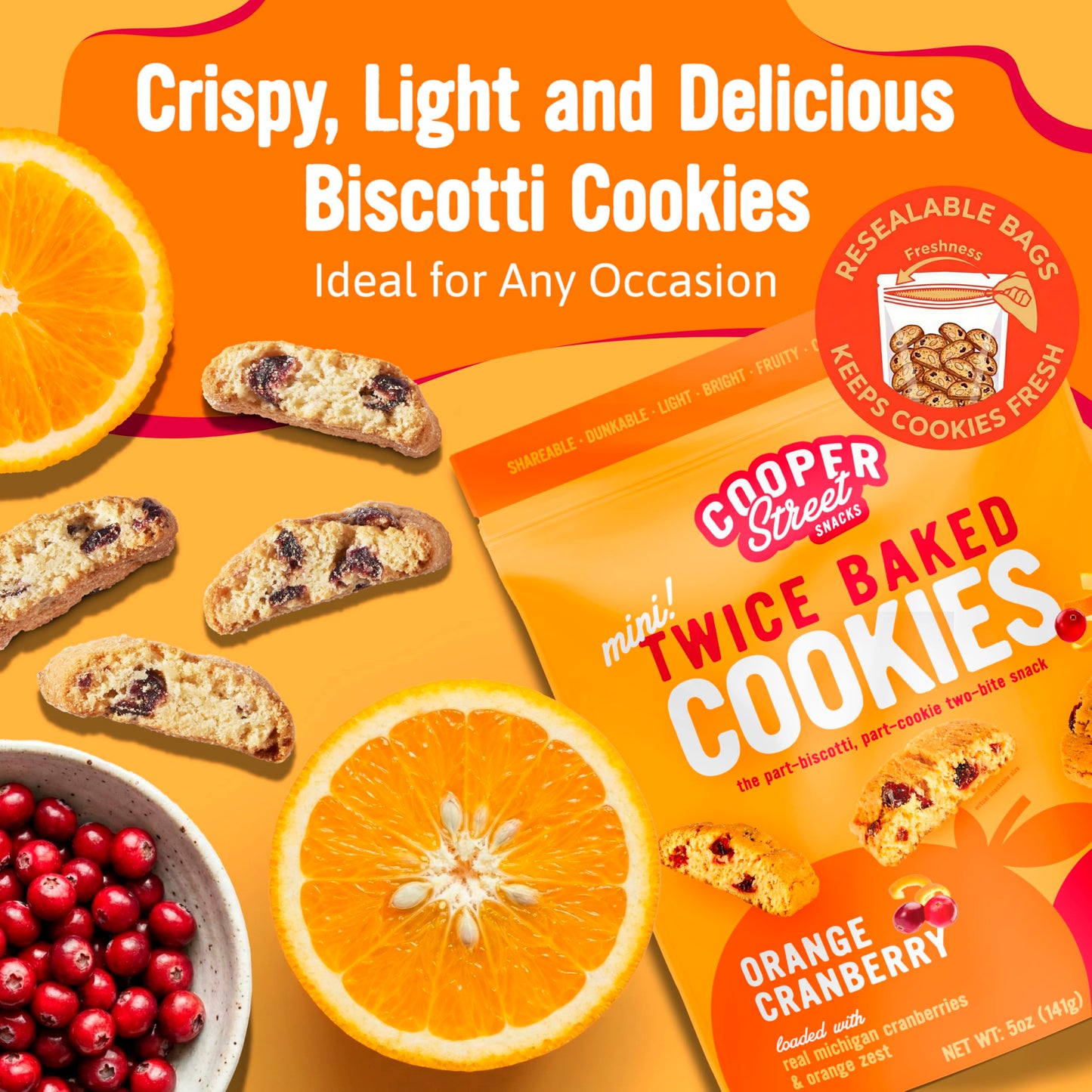 Cooper Street Twice Baked Orange Cranberry Biscotti Cookies - Light and Crispy Coffee Cookie Bites - Traditional Low Calorie Italian Snacks for Adults