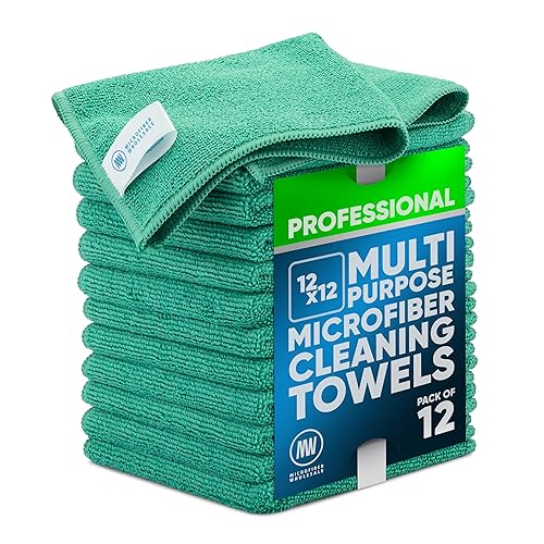 MW PRO Microfiber Cleaning Cloths (12 Pack, 12"x12", Green) - Commercial Grade Housekeeping Towels & Janitorial Rags - Lint Free & Streak Free