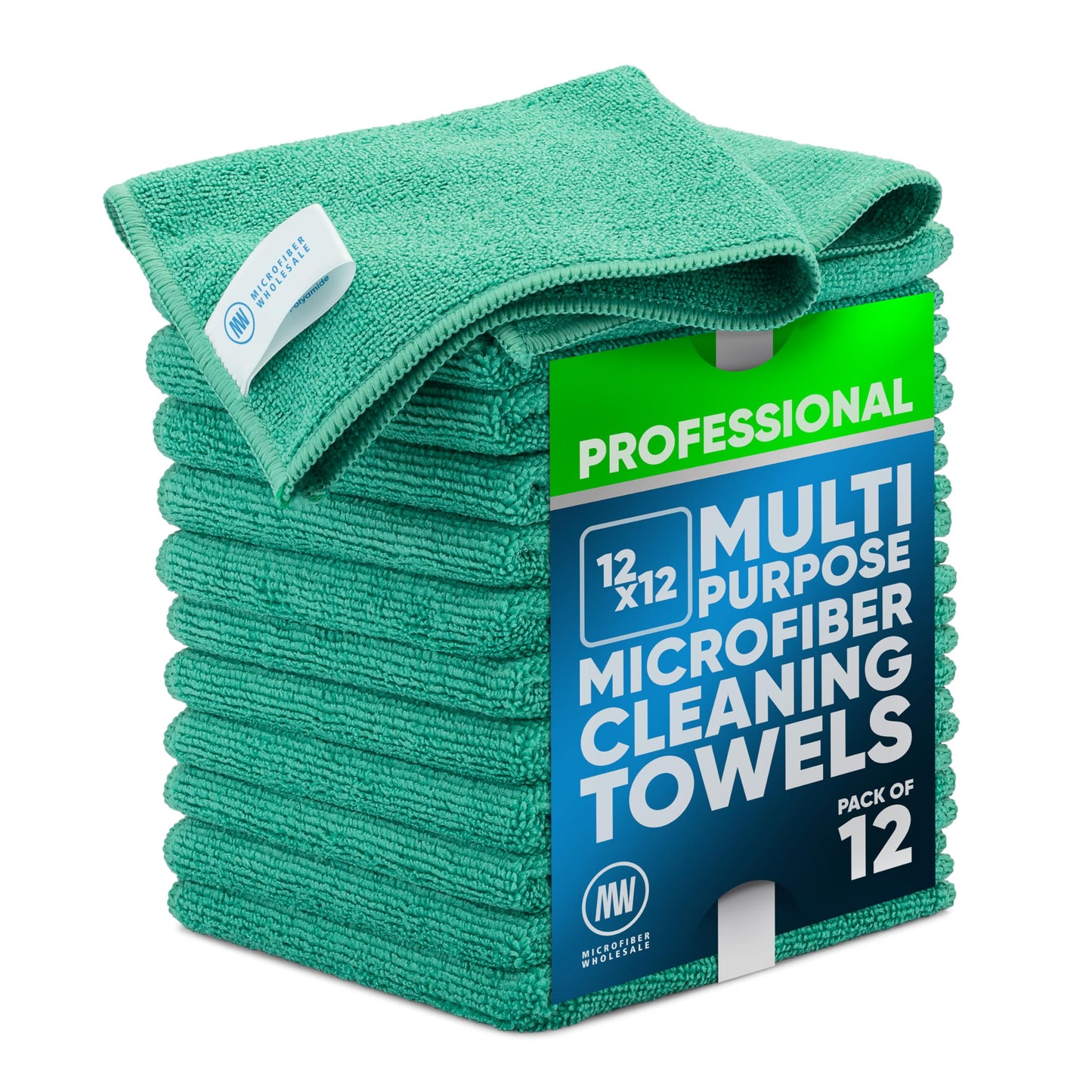 MW PRO Microfiber Cleaning Cloths (12 Pack, 12"x12", Green) - Commercial Grade Housekeeping Towels & Janitorial Rags - Lint Free & Streak Free