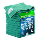 MW PRO Microfiber Cleaning Cloths (12 Pack, 12"x12", Green) - Commercial Grade Housekeeping Towels & Janitorial Rags - Lint Free & Streak Free