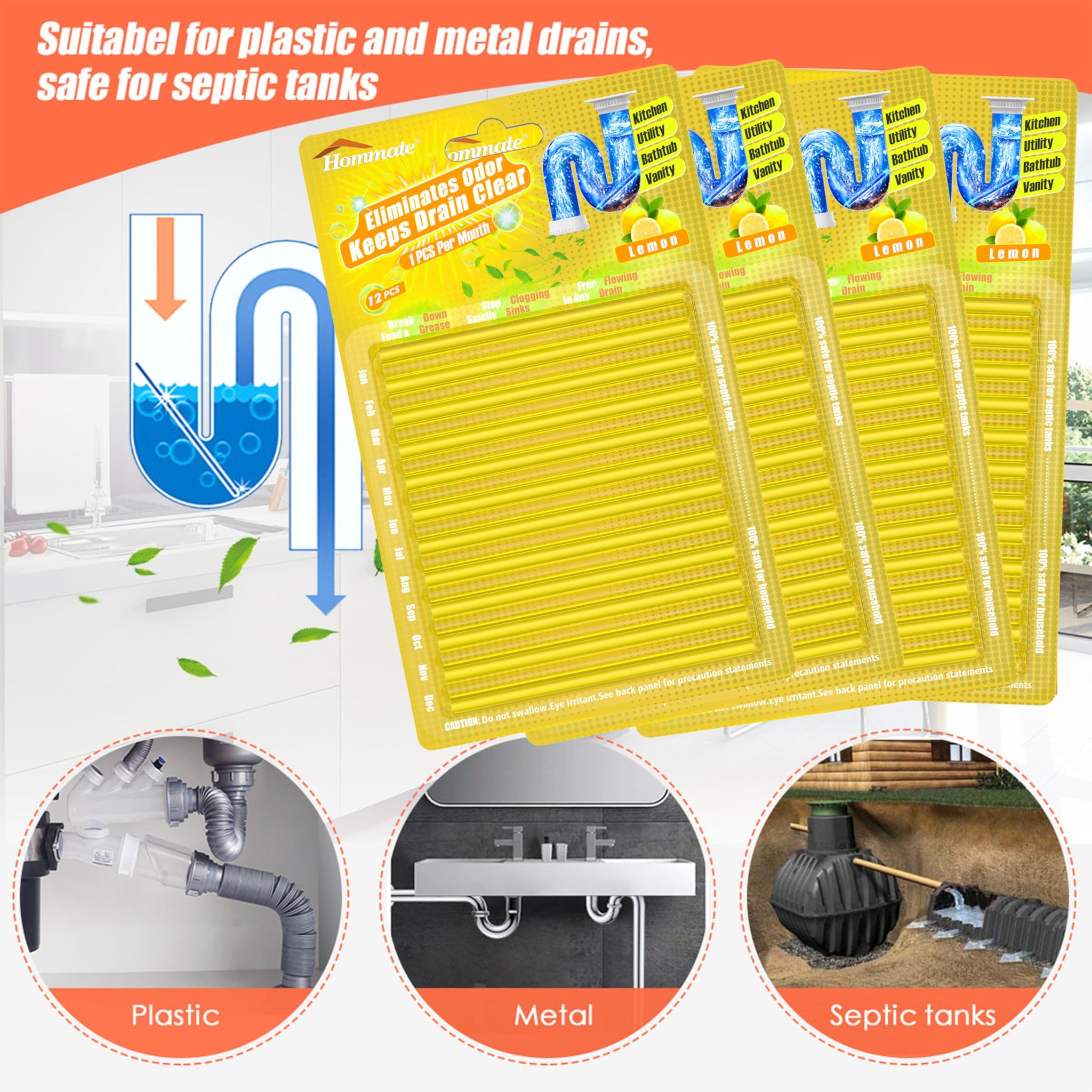 Drain Cleaner Sticks Enzyme Drain Stick Lemon Scent Pipe Cleaning Drains Stix Odor Remover Prevent Clogged Drains