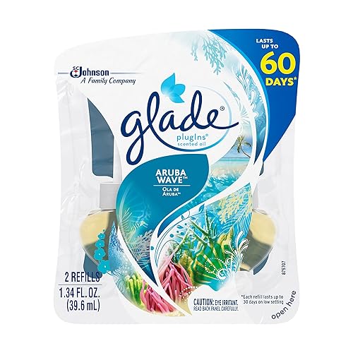Glade PlugIns Refills Air Freshener, Scented and Essential Oils for Home and Bathroom, Aruba Wave, 1.34 Oz, 2 Count