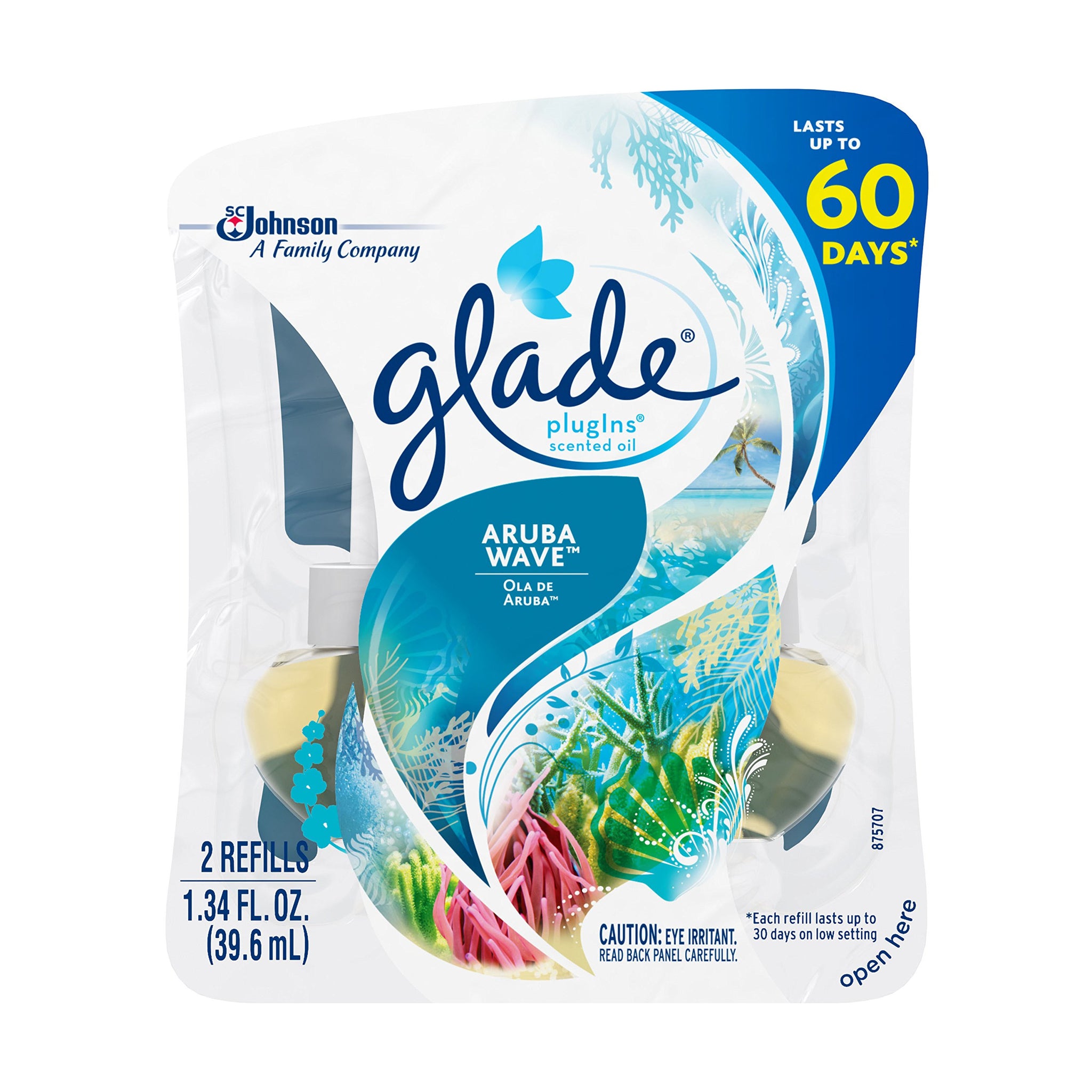 Glade PlugIns Refills Air Freshener, Scented and Essential Oils for Home and Bathroom, Aruba Wave, 1.34 Oz, 2 Count