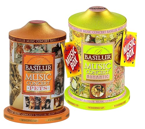 Basilur | Romantic & Pets Music Tins | Music Concert Collection | Pure Ceylon Black &Teas | Metal Caddy | 20 Pyramid Tea Bags Each | Gift of Tea |