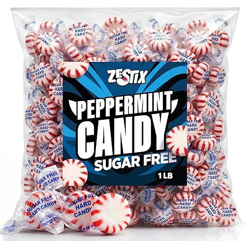 Sugar Free Peppermint Hard Candy, 1 lb. Bulk Bag, Individually Wrapped Refreshing Starlight Mints, Low Calorie Sugar Free Candy for Candy Bowls