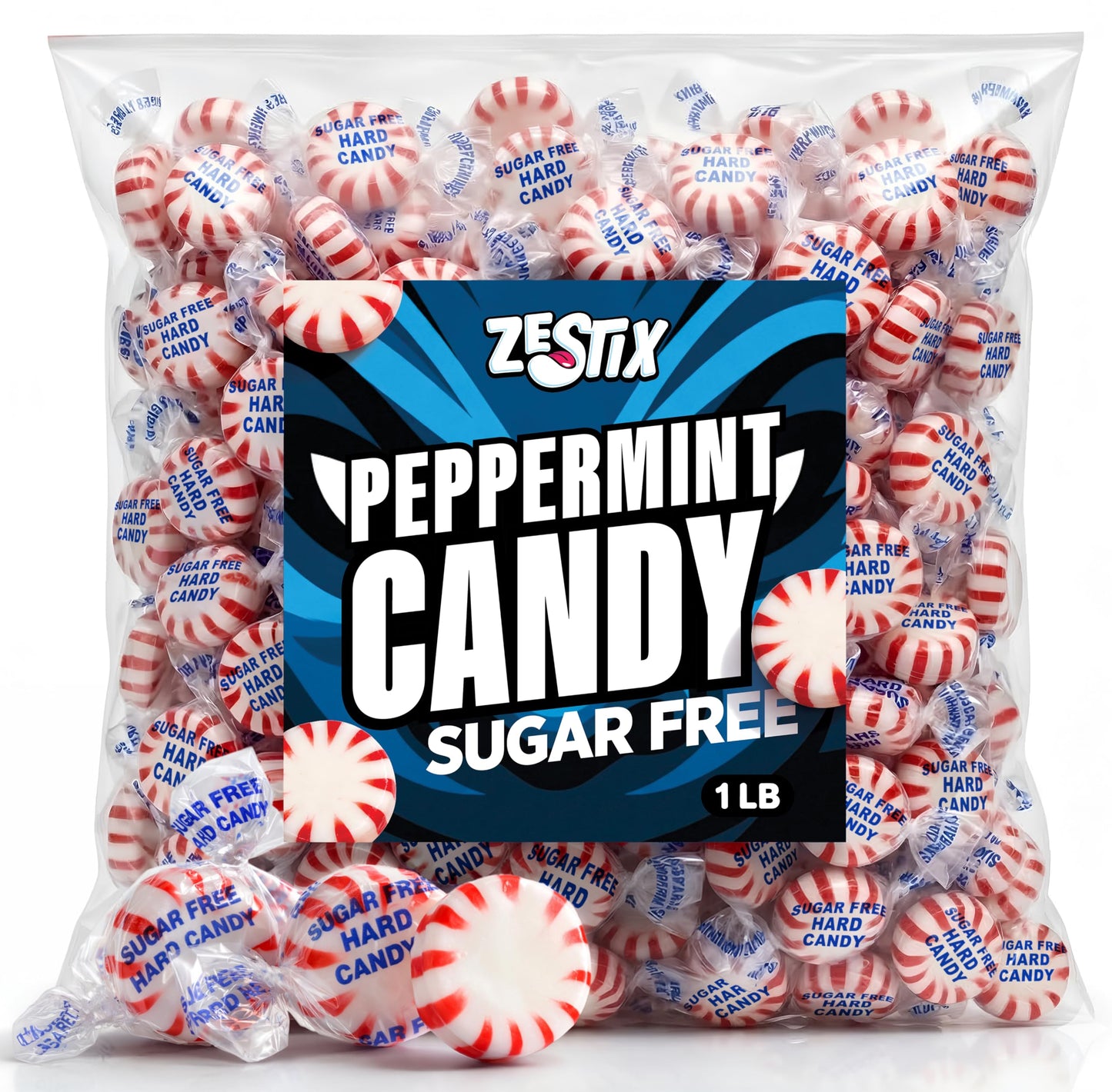 Sugar Free Peppermint Hard Candy, 1 lb. Bulk Bag, Individually Wrapped Refreshing Starlight Mints, Low Calorie Sugar Free Candy for Candy Bowls