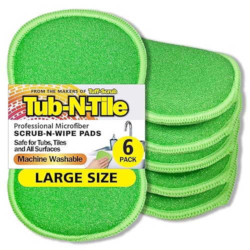 Tub-N-Tile by Tuff-Scrub, Large, 6-Pack, Microfiber, Scrub-N-Wipe Pad, Multi-Surface, Non-Scratch, Dual-Sided, Scrubber for Tubs, Tiles, Sinks