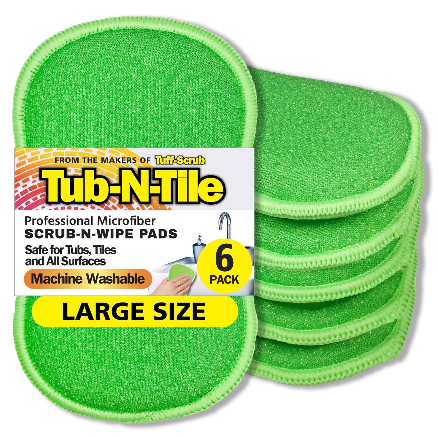 Tub-N-Tile by Tuff-Scrub, Large, 6-Pack, Microfiber, Scrub-N-Wipe Pad, Multi-Surface, Non-Scratch, Dual-Sided, Scrubber for Tubs, Tiles, Sinks