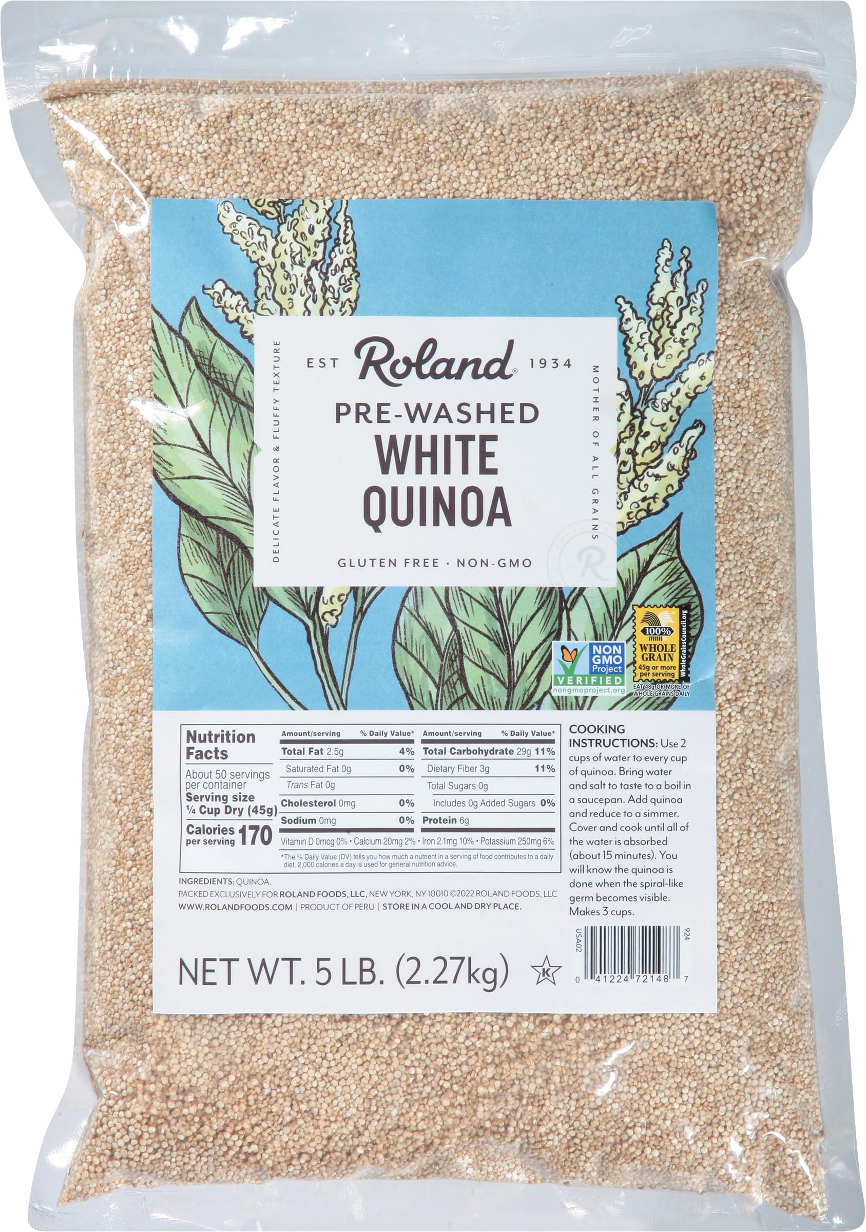 Roland Foods White Quinoa, Pre-washed, Specialty Imported Food, 5 Lb Bag