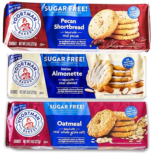 Voortman Sugar Free Cookies - Variety Pack - Oatmeal (1, 8oz packs) - Iced Almonette (1, 8oz) - Pecan Shortbread (1, 8oz) - Made with Real Ingredients