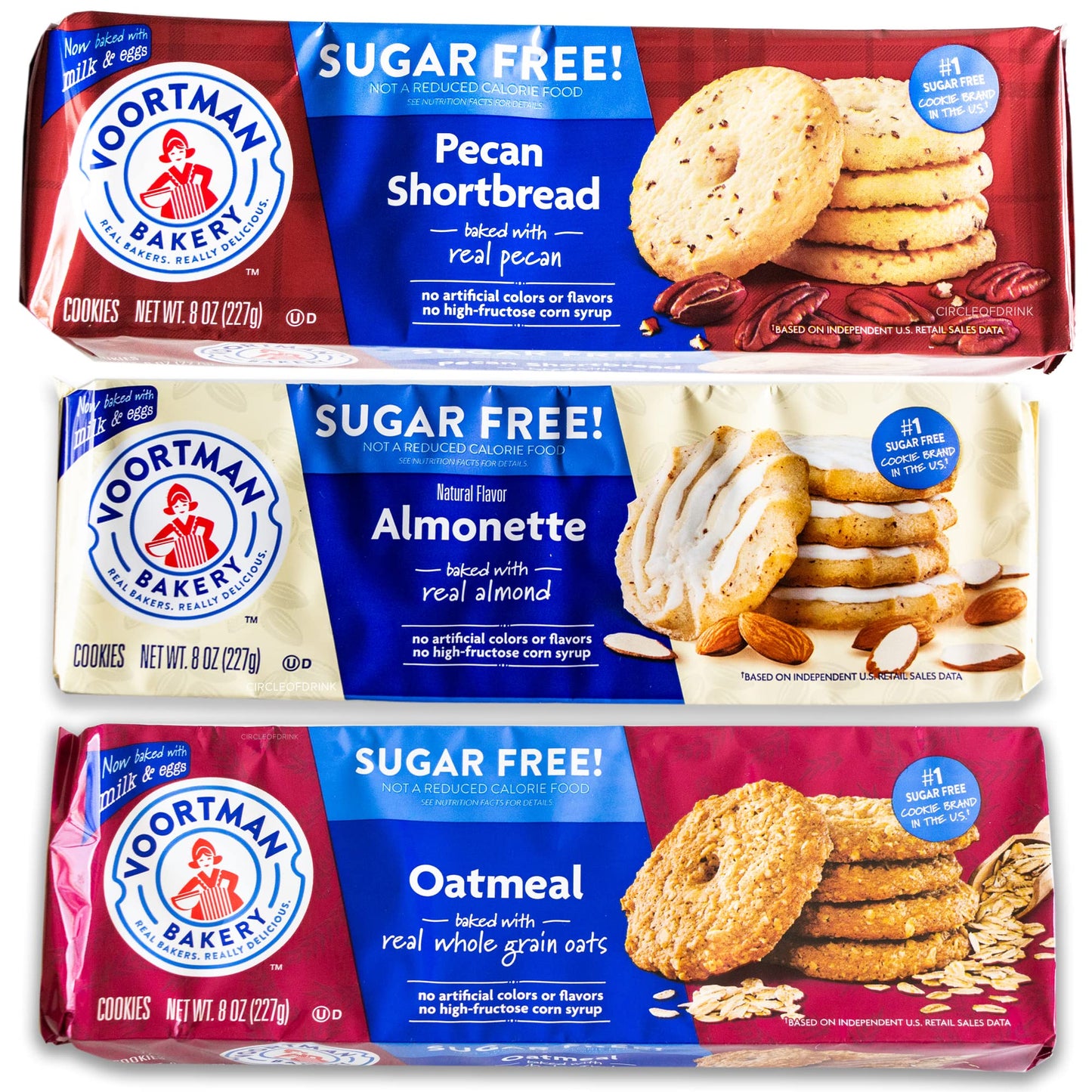 Voortman Sugar Free Cookies - Variety Pack - Oatmeal (1, 8oz packs) - Iced Almonette (1, 8oz) - Pecan Shortbread (1, 8oz) - Made with Real Ingredients