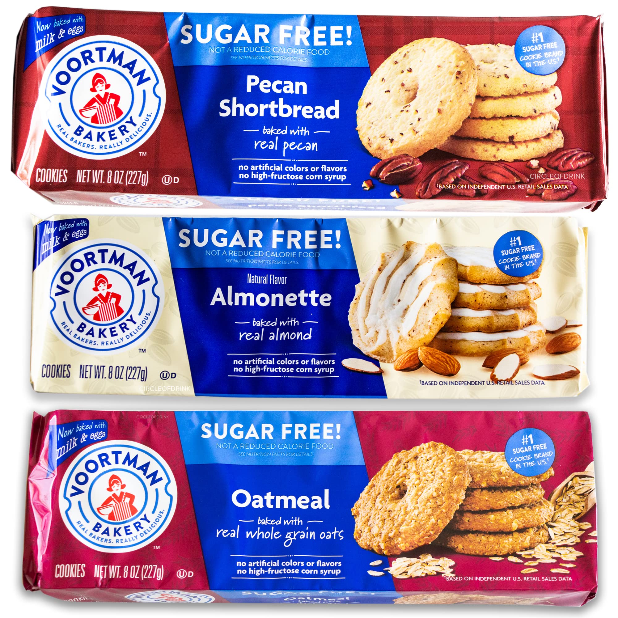 Voortman Sugar Free Cookies - Variety Pack - Oatmeal (1, 8oz packs) - Iced Almonette (1, 8oz) - Pecan Shortbread (1, 8oz) - Made with Real Ingredients
