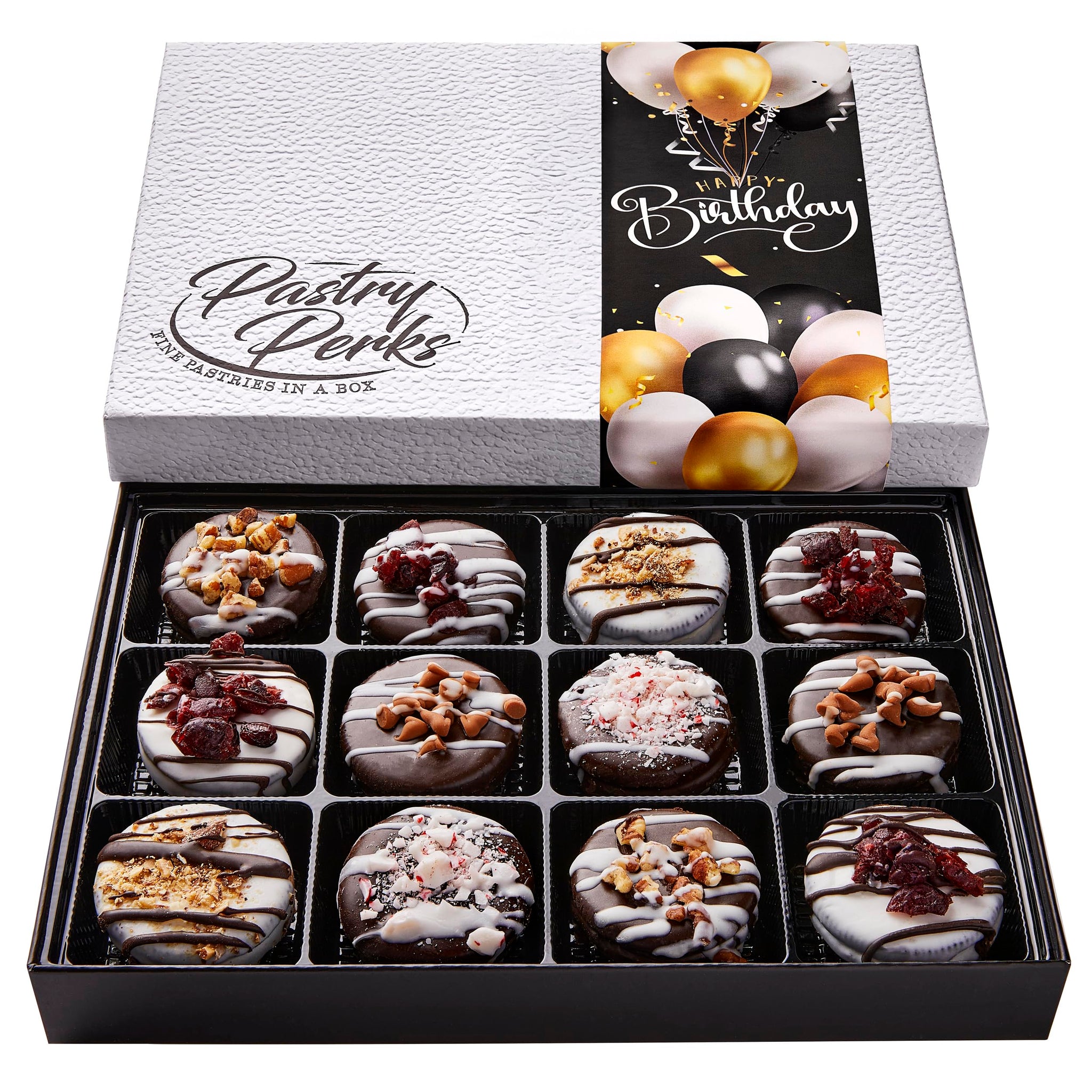 Pastry Perks Happy Birthday Gift Basket -12 Gourmet Chocolate-Covered Cookies, -Delicious Celebration Treats for Men, Women, and Grandma - Holiday