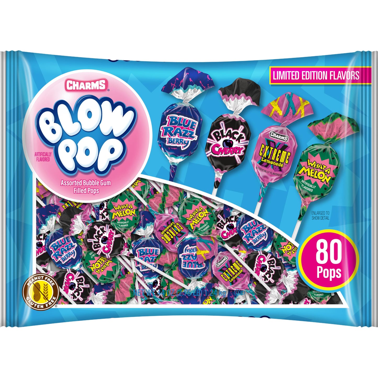 Charms Blow Pop Lollipops Limited Edition Assortment - Blue Razzbery, Black Cherry, What A Melon and Extreme Lemonade - Dual Candy and Gum Suckers