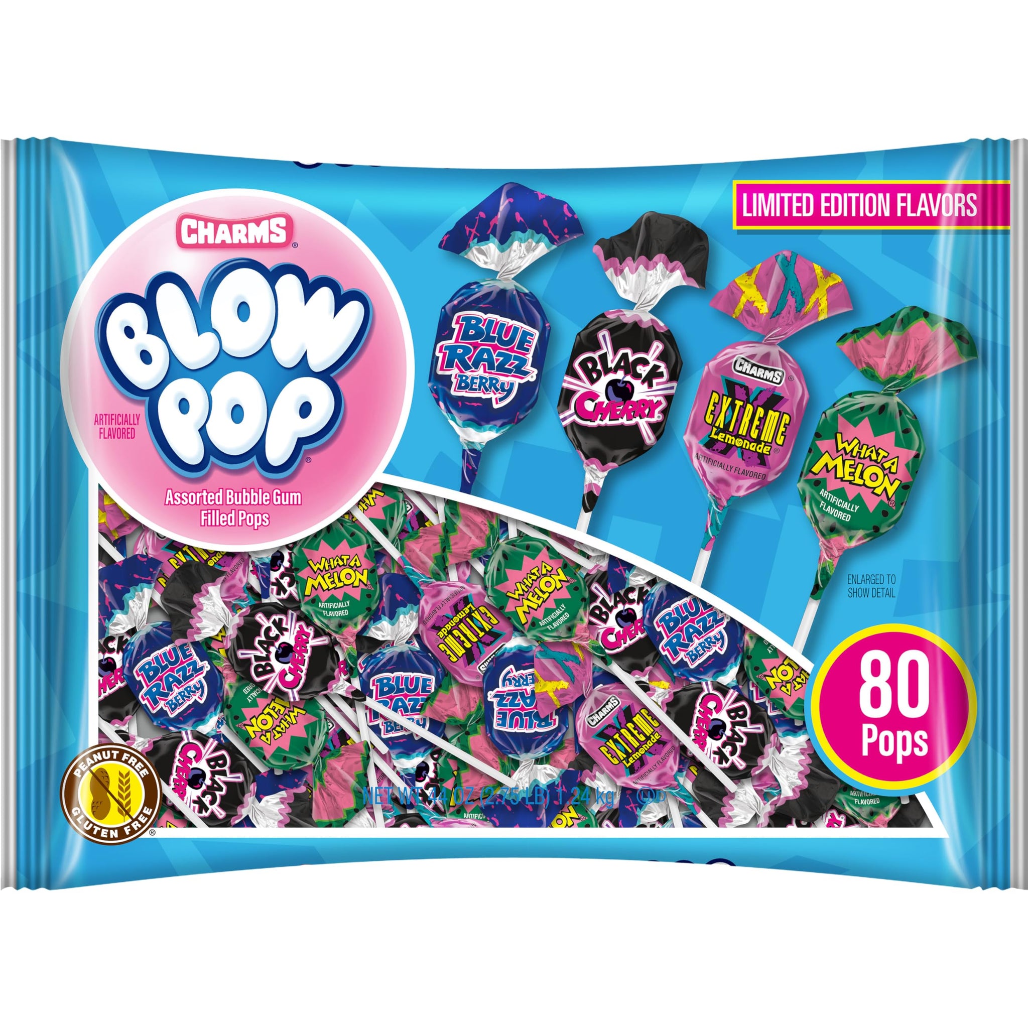 Charms Blow Pop Lollipops Limited Edition Assortment - Blue Razzbery, Black Cherry, What A Melon and Extreme Lemonade - Dual Candy and Gum Suckers