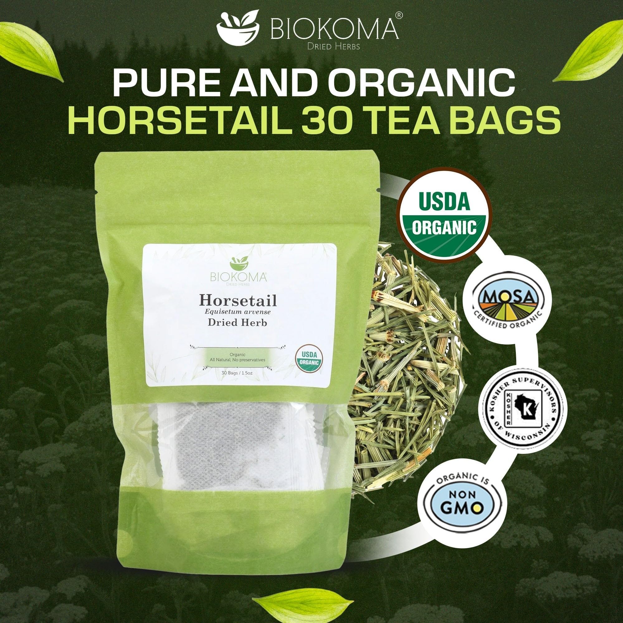 Biokoma Organic Horsetail Dried Herb 30 Tea Bags Shavegrass Equisetum Arvense USDA Organic Herbal Tea Healthy Hair Skin Nails Support Resealable Pouch