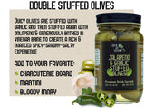 Green Jay Gourmet Double Stuffed Olives - Jalapeno & Garlic Stuffed Green Olives for Cocktail Garnish & Cheese Board - Dirty Martini Olives - Gourmet