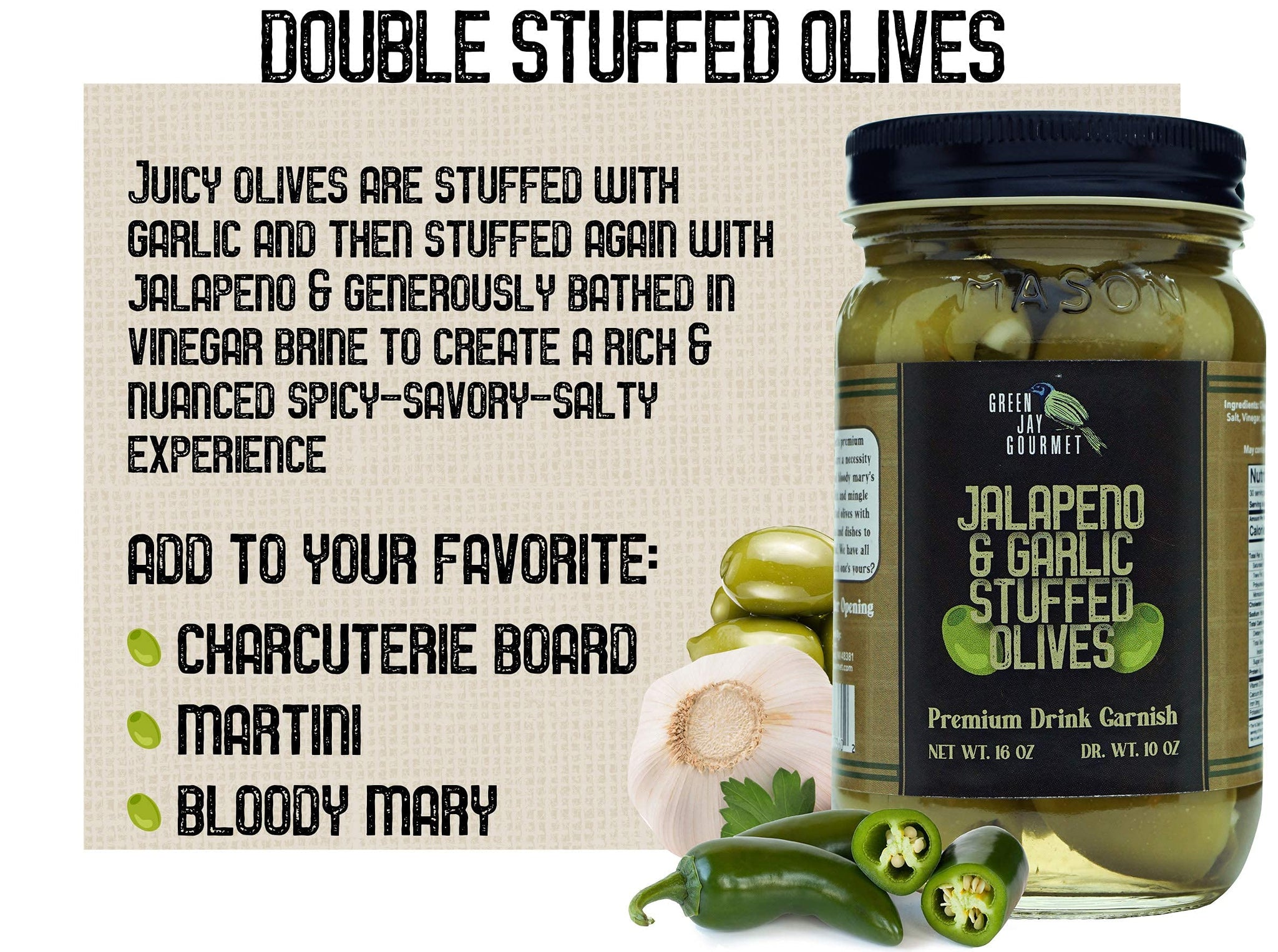 Green Jay Gourmet Double Stuffed Olives - Jalapeno & Garlic Stuffed Green Olives for Cocktail Garnish & Cheese Board - Dirty Martini Olives - Gourmet