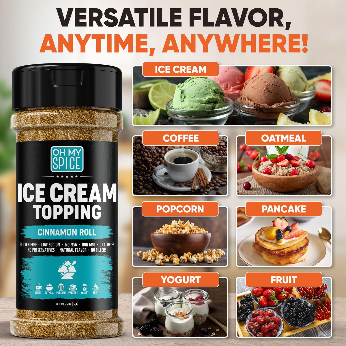Ice Cream Topping Cinnamon Roll Mix - Gluten Free & Low Sodium Cinnamon and Sugar Flavor for Coffee Toppings. Cinammon Sugar Powder Seasoning