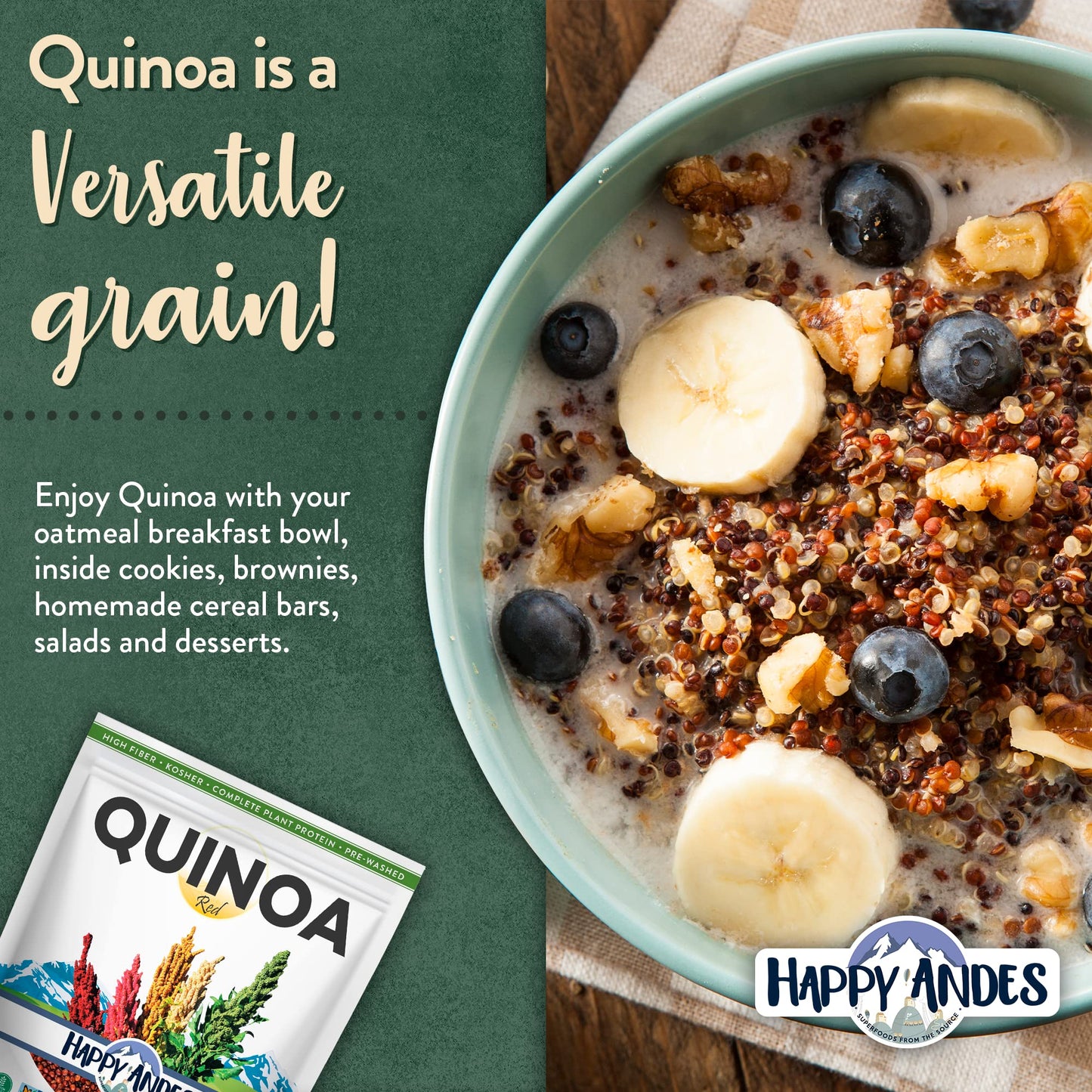 Happy Andes Tri-Color Organic Whole Grain Quinoa Non-GMO, Non Gluten, Ready to Cook Food for Oats & Seeds Recipes, Healthy Meal with Vitamins & Protein, Best Value, 3 lb