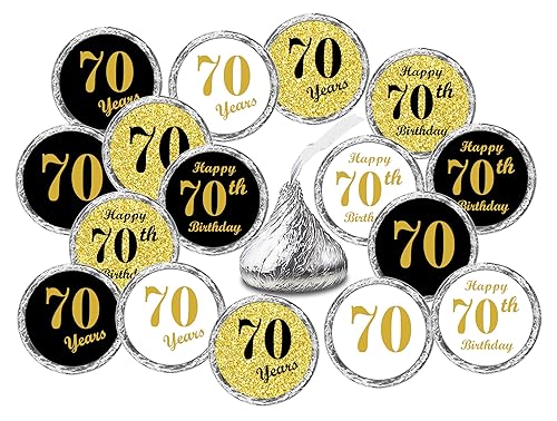 70th Birthday Kisses Stickers, (Set of 324) Chocolate Drops Labels for 70 Birthday, Party Favors Decor for Kisses. Made in USA, 9 Designs (36 Stickers