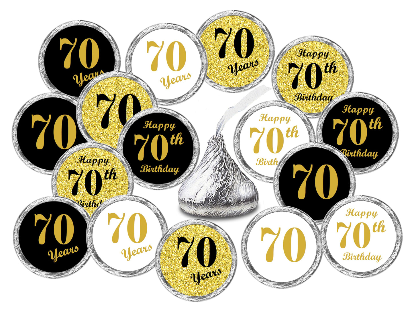 70th Birthday Kisses Stickers, (Set of 324) Chocolate Drops Labels for 70 Birthday, Party Favors Decor for Kisses. Made in USA, 9 Designs (36 Stickers
