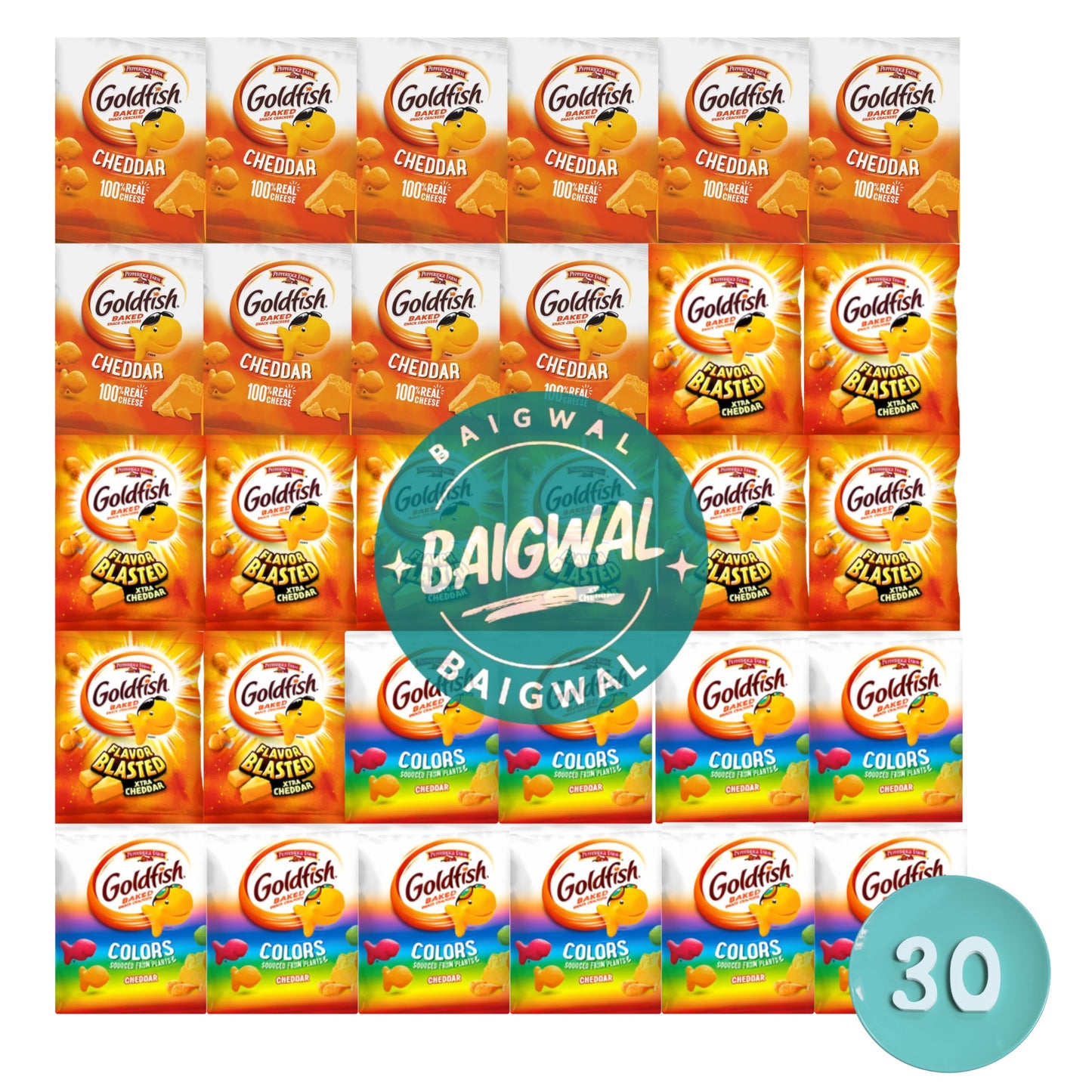 Variety Pack Gold-fish Crackers for Kids, Individual Bags, 30 Pouches, Bulk Snacks Assortment by Baigwal