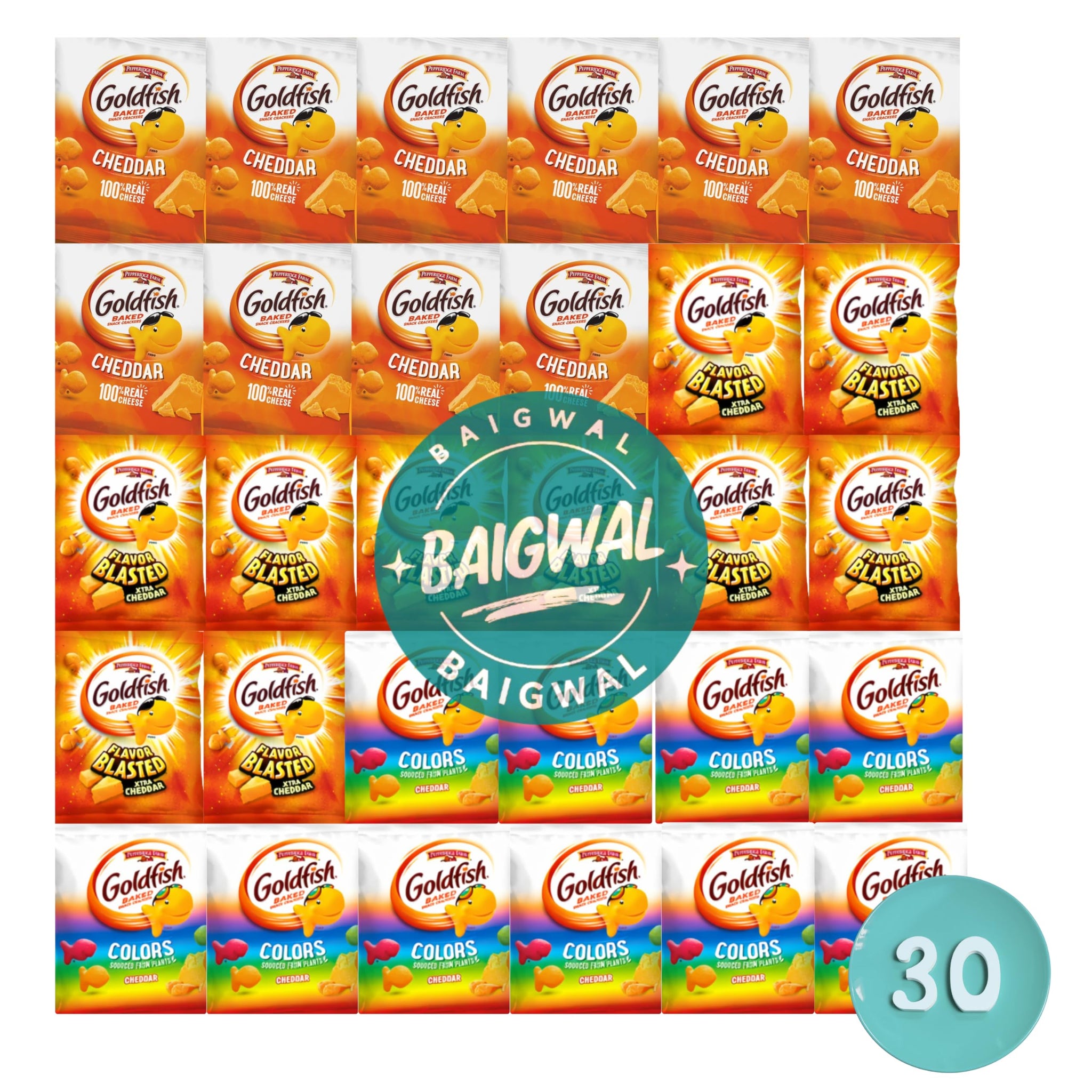 Variety Pack Gold-fish Crackers for Kids, Individual Bags, 30 Pouches, Bulk Snacks Assortment by Baigwal