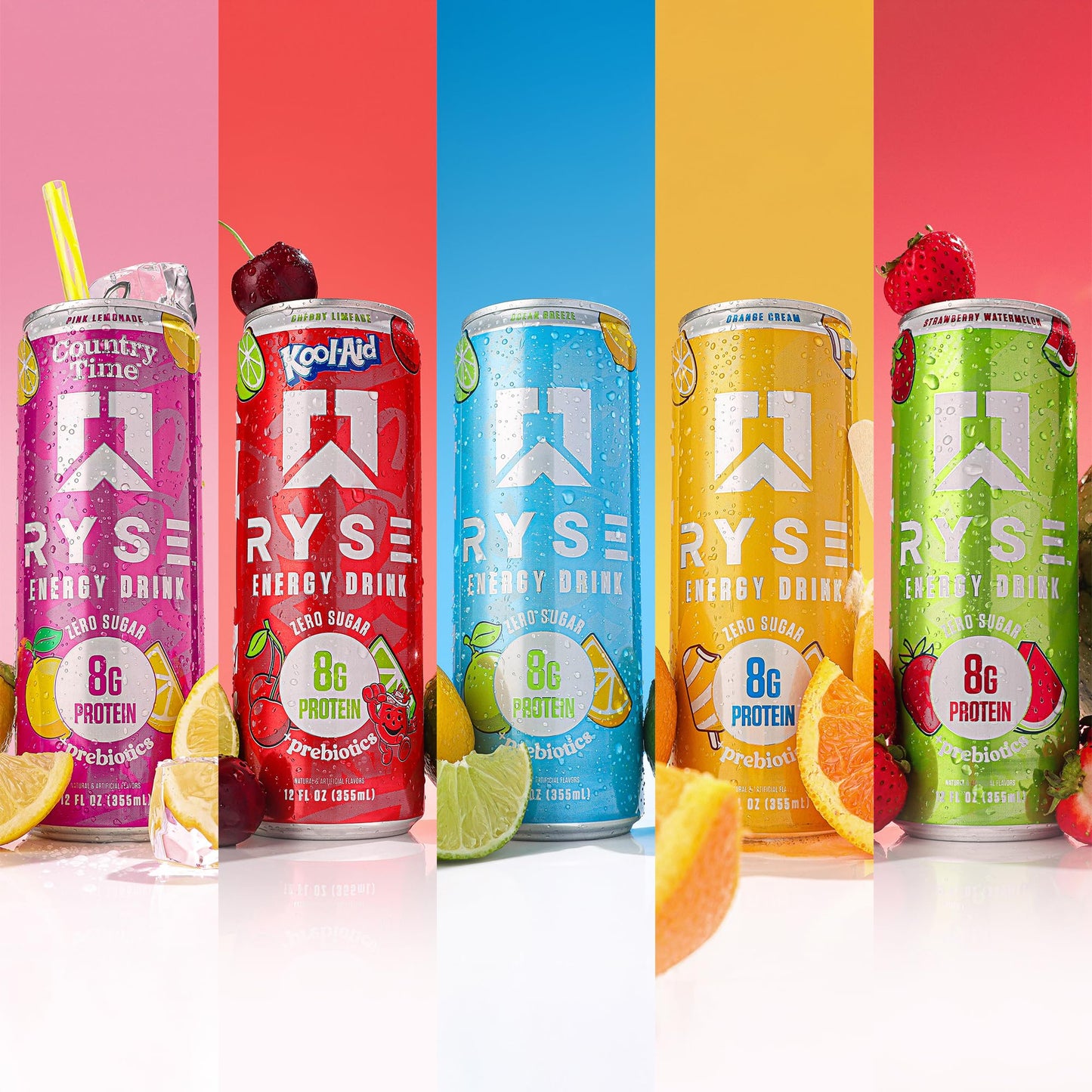 RYSE Functional Energy Drink - 5 Flavors Variety Pack - 150mg Natural Caffeine, 8g Whey Protein & 1g Prebiotics - Sugar Free, Gut-Friendly, Bloat-Free