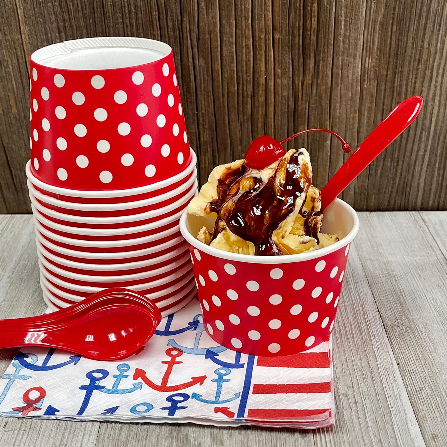 12 Ounce Disposable Paper Treat Cups Ice Cream Bowls -Plastic Spoons - Paper Straws - Ice Cream Sundae Kit for 24 - Blue, Pink, Orange, Yellow, Green