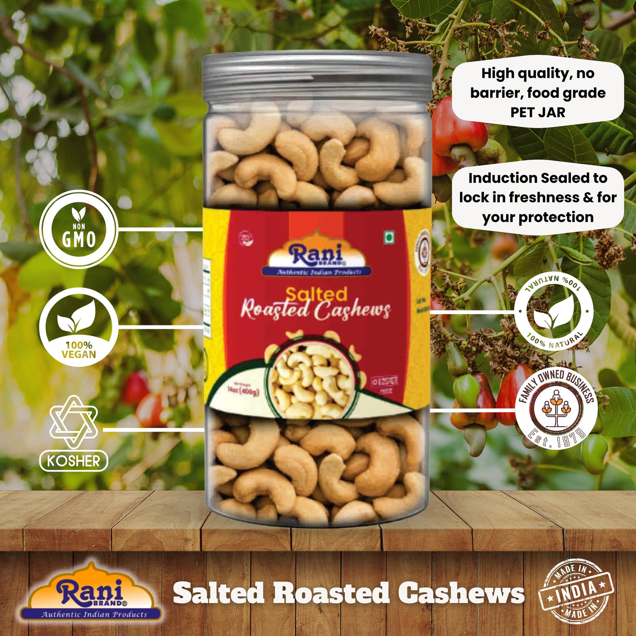 Rani Salted Roasted Cashews 14oz (400g) PET Jar, Non-Fried, Oil Free ~ All Natural | Vegan | Gluten Friendly | NON-GMO | Kosher | Air Roasted, Crunchy