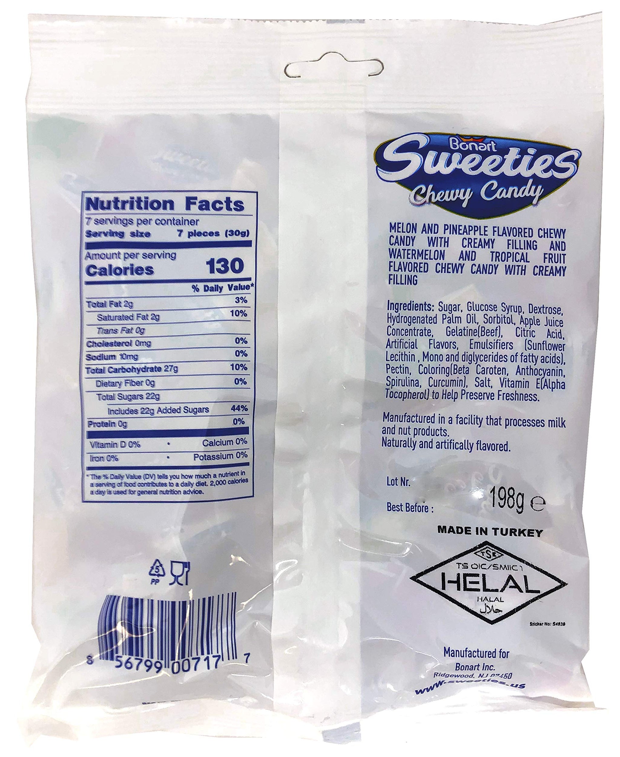 Bonart Sweeties Tropical Fruit Chews Pack of 3 - Chewy Melon and Pineapple Candy and Watermelon and Tropical Fruit with Creamy Filling - 7 Ounce Bags