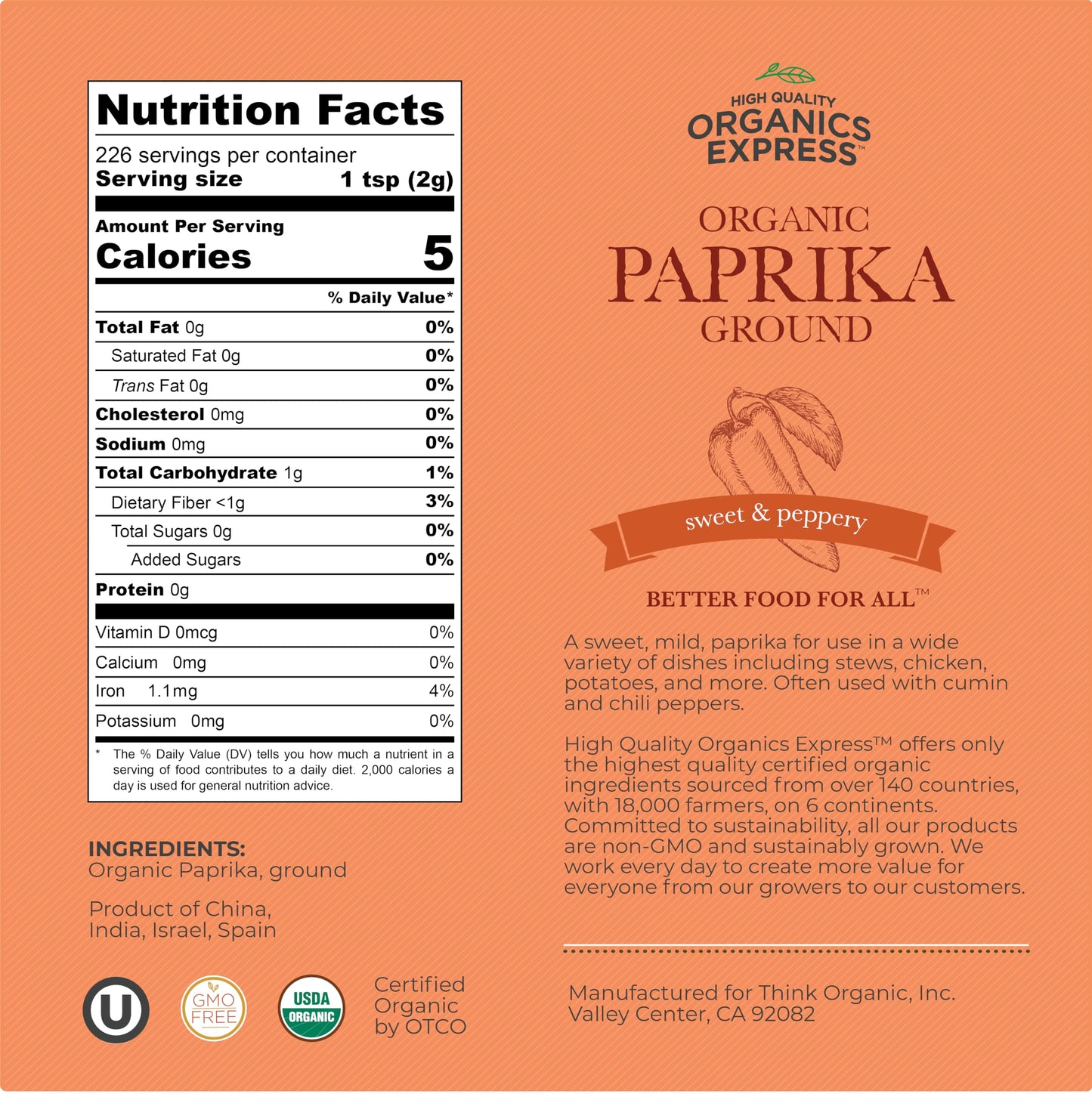 HQOExpress Organic Paprika - Non GMO, Kosher, USDA Certified Organic Ground Paprika Powder - Sweet and Mildly Spicy Seasoning for Soups, Chilis