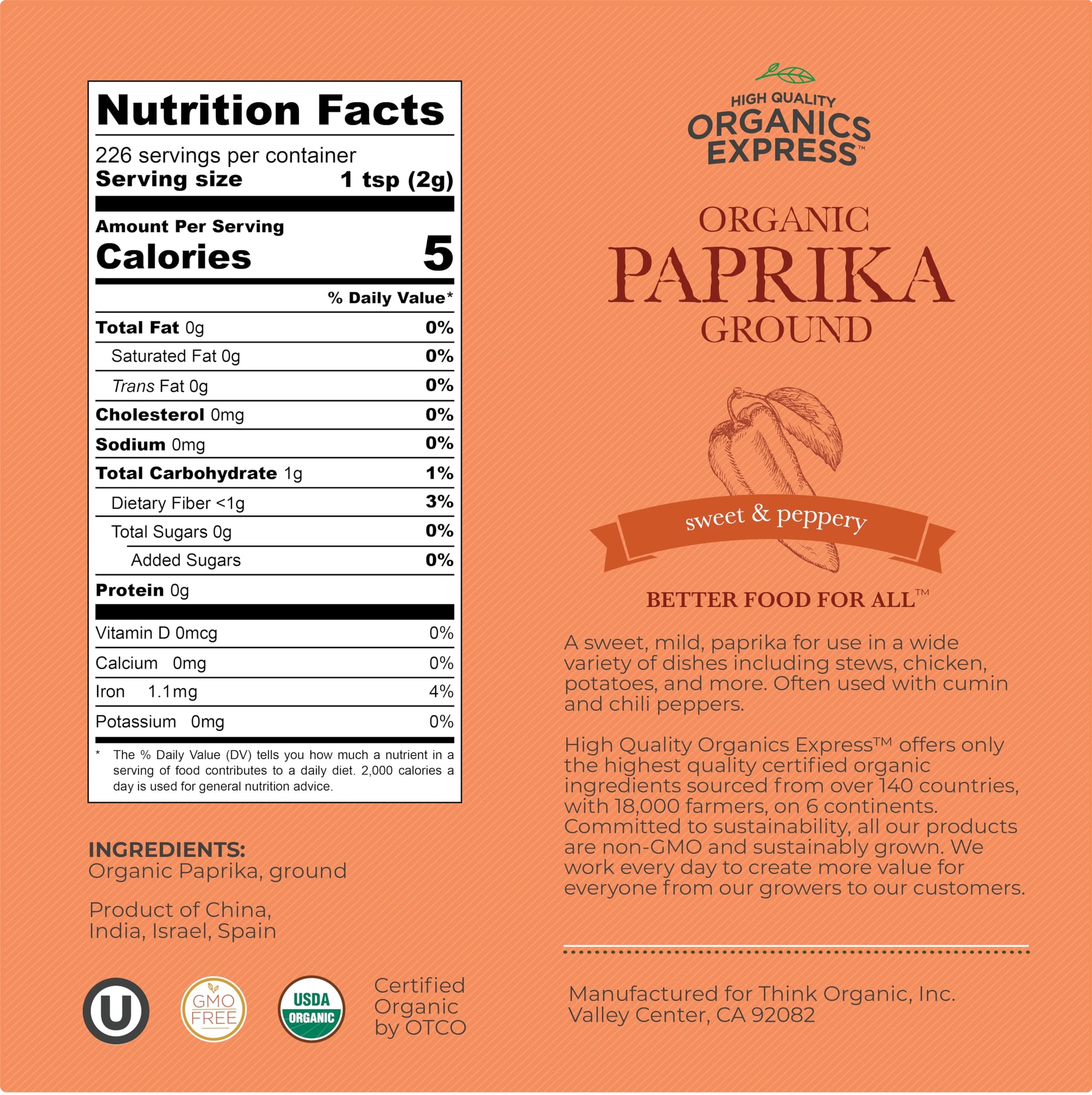 HQOExpress Organic Paprika - Non GMO, Kosher, USDA Certified Organic Ground Paprika Powder - Sweet and Mildly Spicy Seasoning for Soups, Chilis
