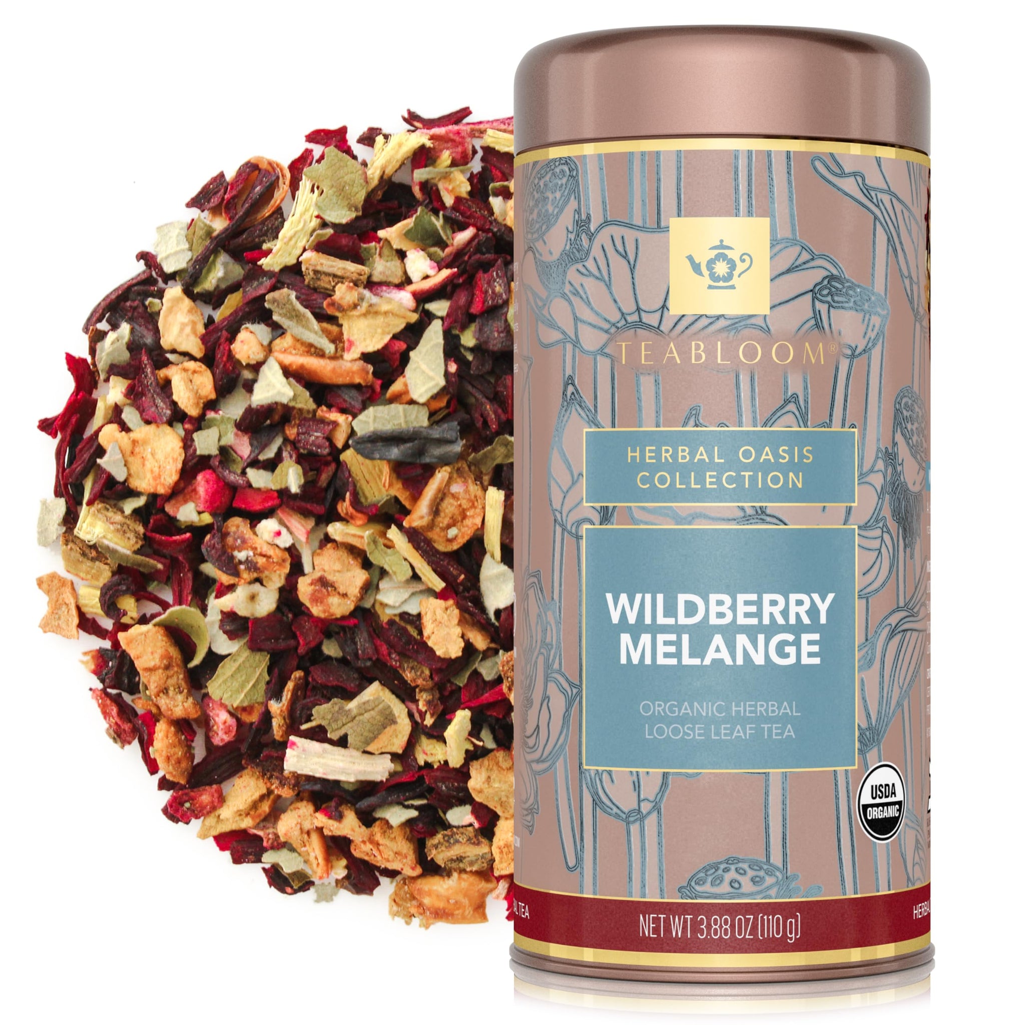 Teabloom Organic Herbal Tea, Wildberry Mélange Loose Leaf Tea, Berry Flavor Herbal Tea, USDA Organic Certified and Kosher Certified Fruit Tea Blend