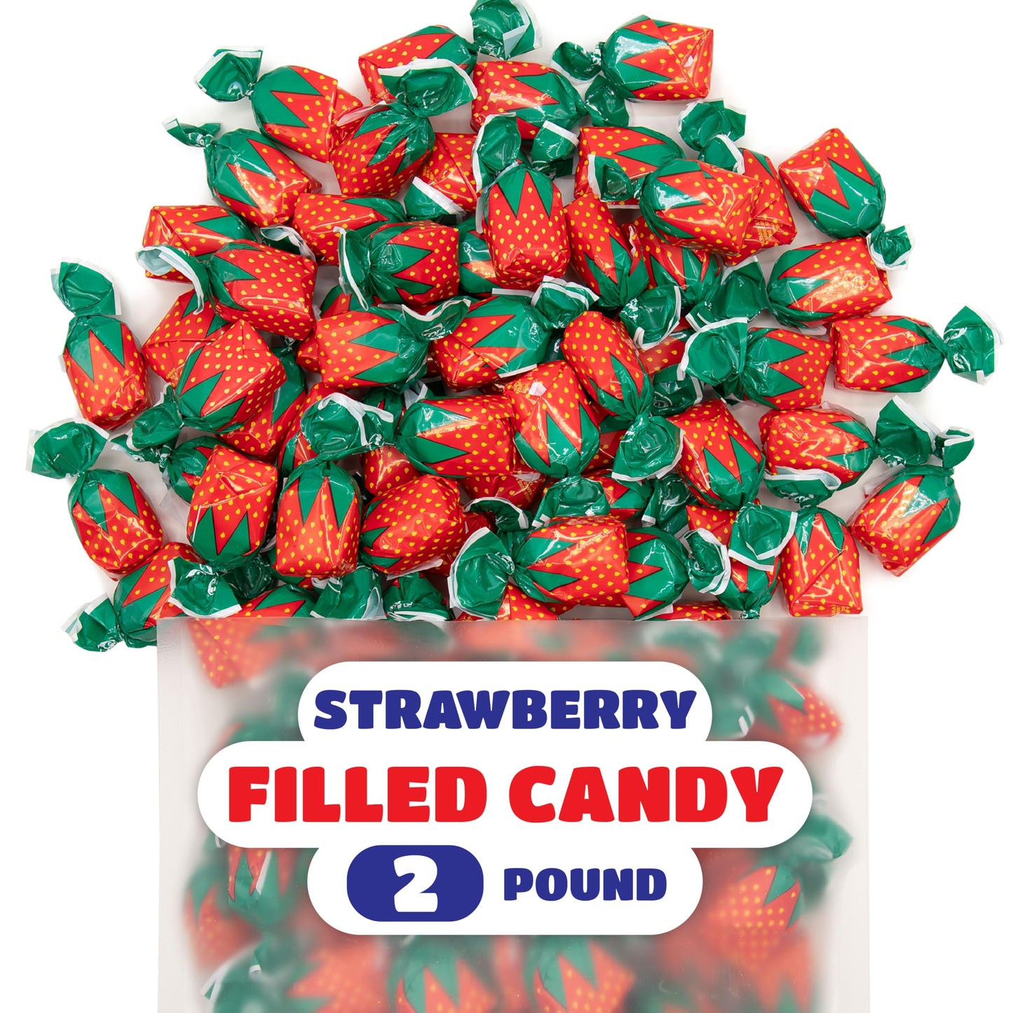 Arcor Strawberry Bon Bons - 2 Pound Bulk Pack - Filled Hard Candy Individually Wrapped - Soft Center Retro Candy - Classic Old School Candy for Office