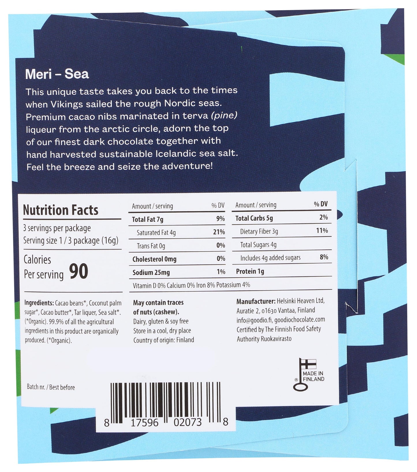 Goodio Nordic Flavors Chocolate Bar, Sea, 1.7 oz, Vegan, Gluten-free, Soy-Free, non-GMO