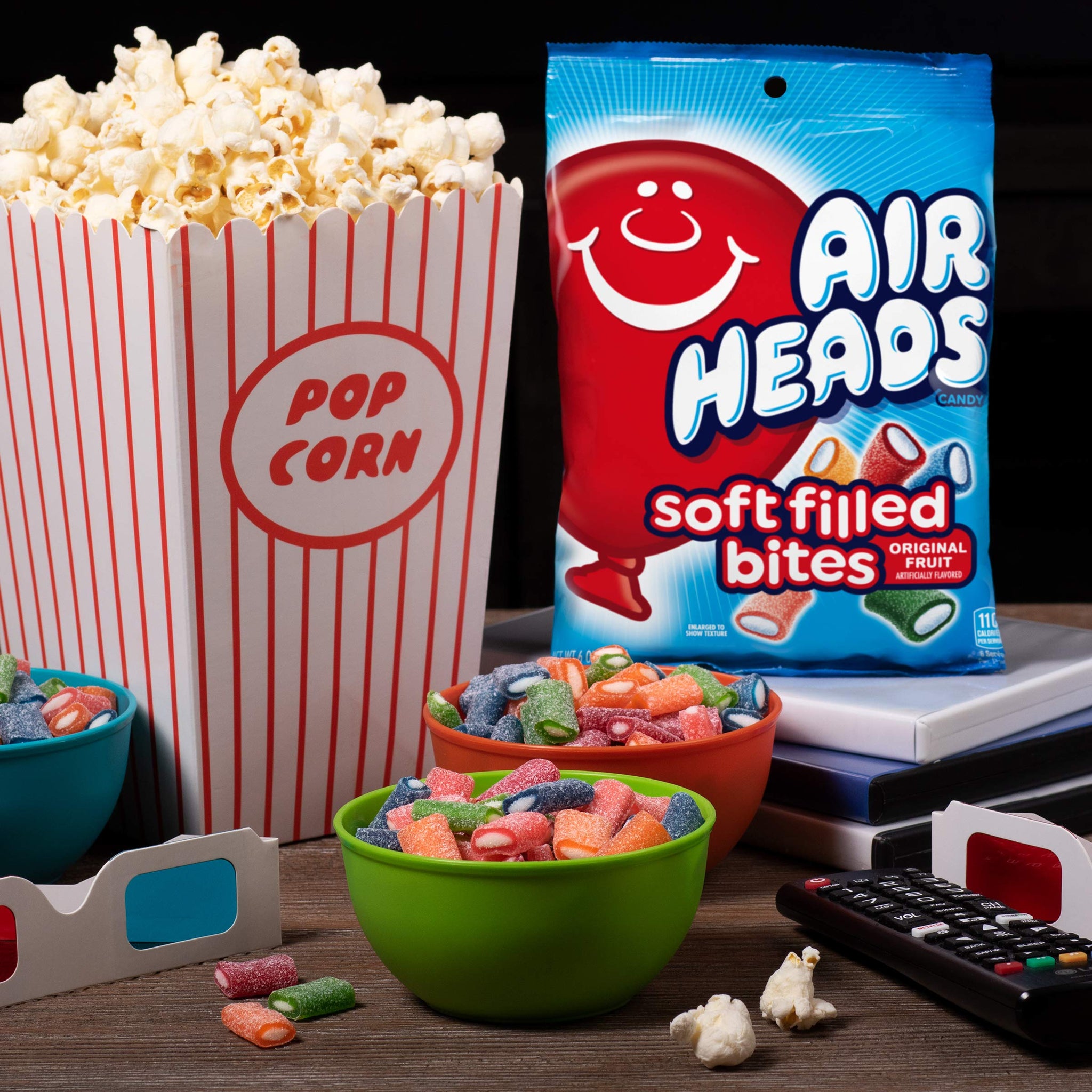 Airheads Candy, Soft Filled Bites, Assorted Fruit Flavors, Stand Up Bag, Party, Pantry, 9oz Bag, Box of 12 Bags