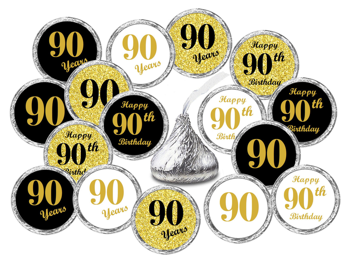 90th Birthday Kisses Stickers, (Set of 324) Chocolate Drops Labels for 90th Birthday, Party Favors Decor for Kisses. Made in USA, 9 Designs (36