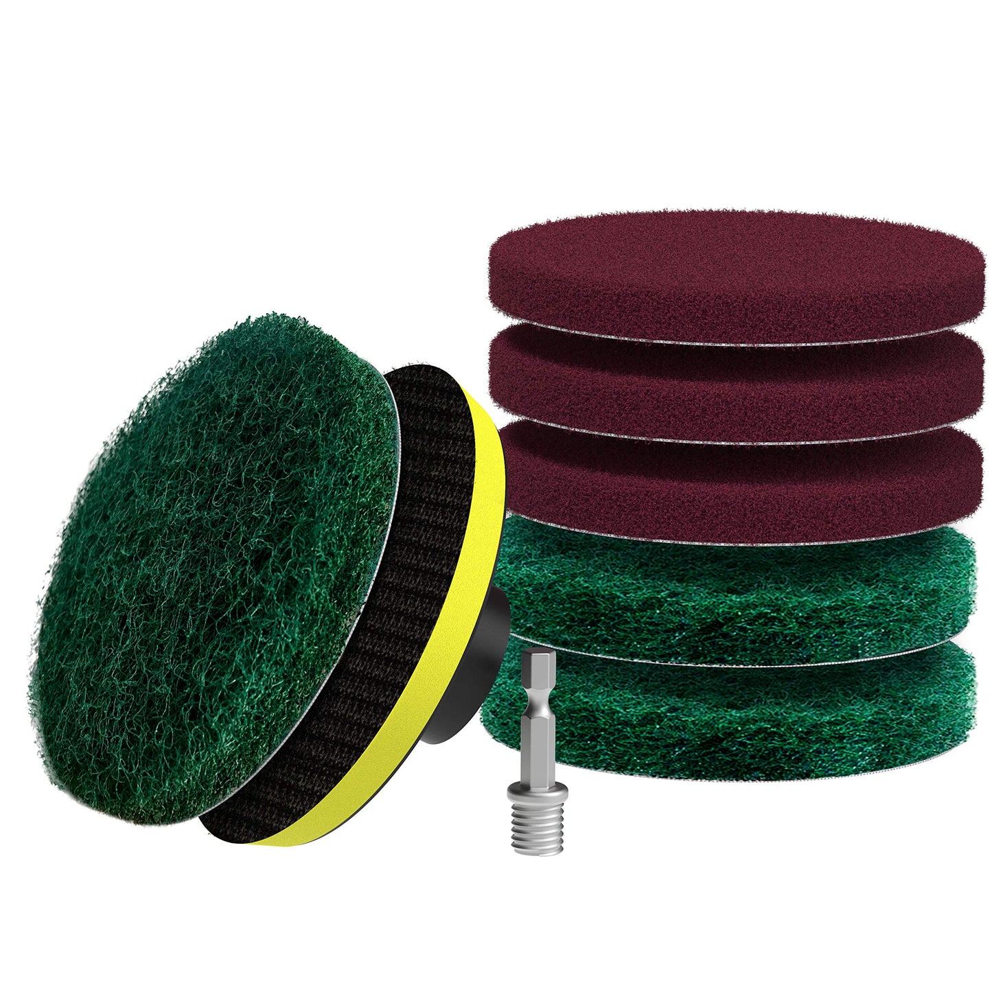 SCRUBIT Drill Brush Power Scouring Pads - Heavy Duty Tub and Tile Cleaner - Drill Scrubber Brush kit Includes Drill Attachment, 3 Red, 3 Stiff Green
