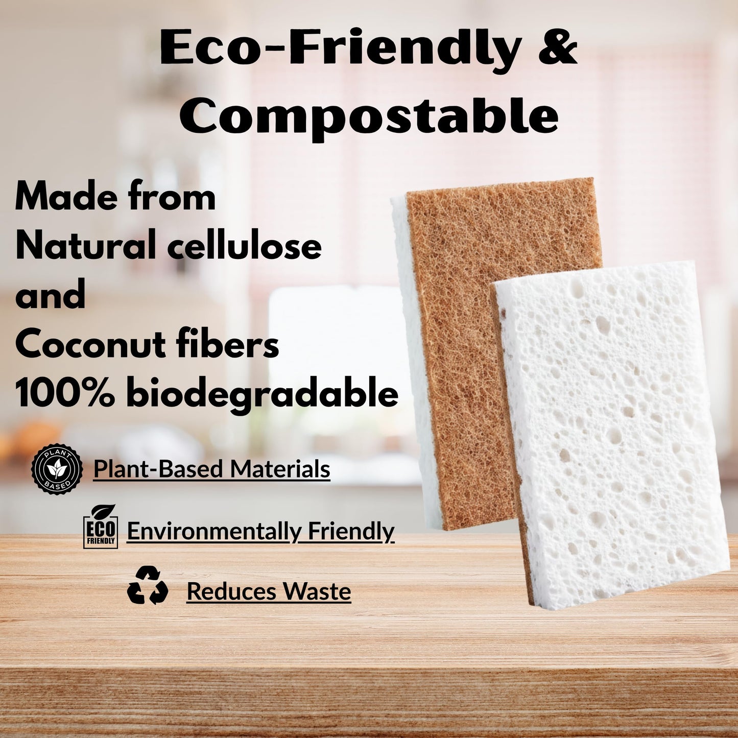 Bruhati Coconut Kitchen Sponges (12 Pack) - Natural Coconut Fiber & Cellulose Dish Scrubber, Biodegradable Compostable Plant-Based Sponges for Dishes